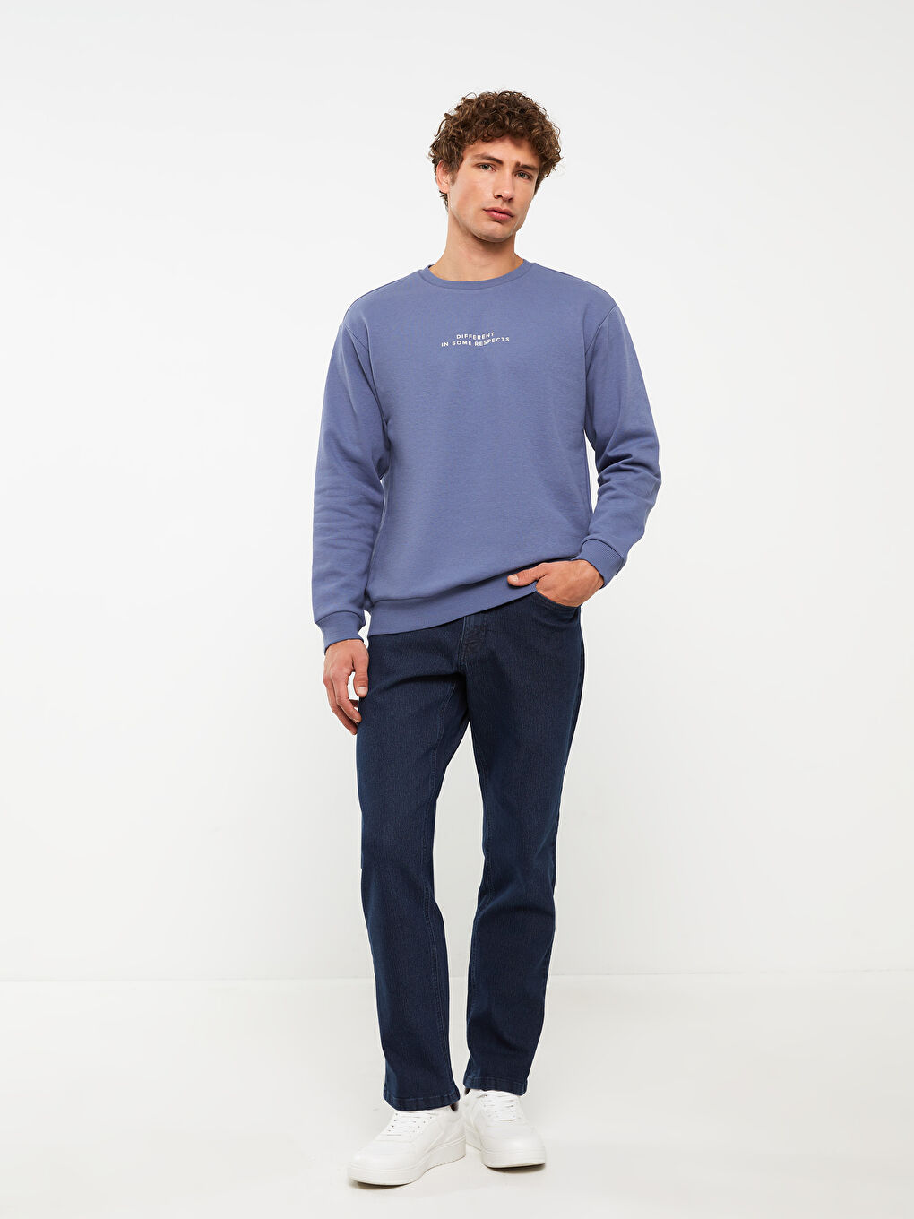 İndigo Bisiklet Yaka Baskılı Erkek Kalın Sweatshirt-2