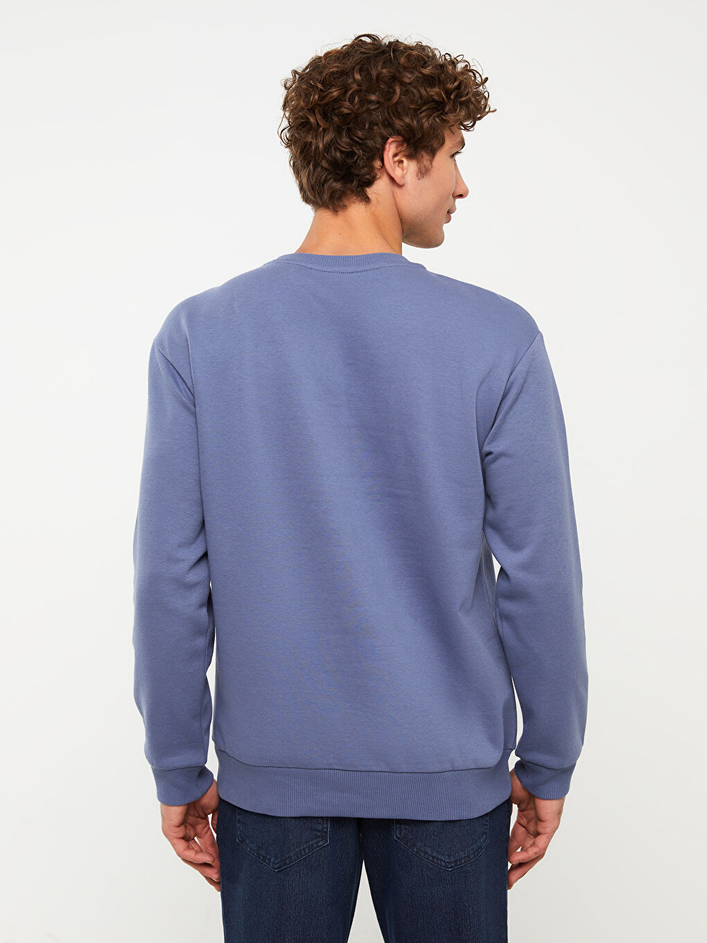 İndigo Bisiklet Yaka Baskılı Erkek Kalın Sweatshirt-4