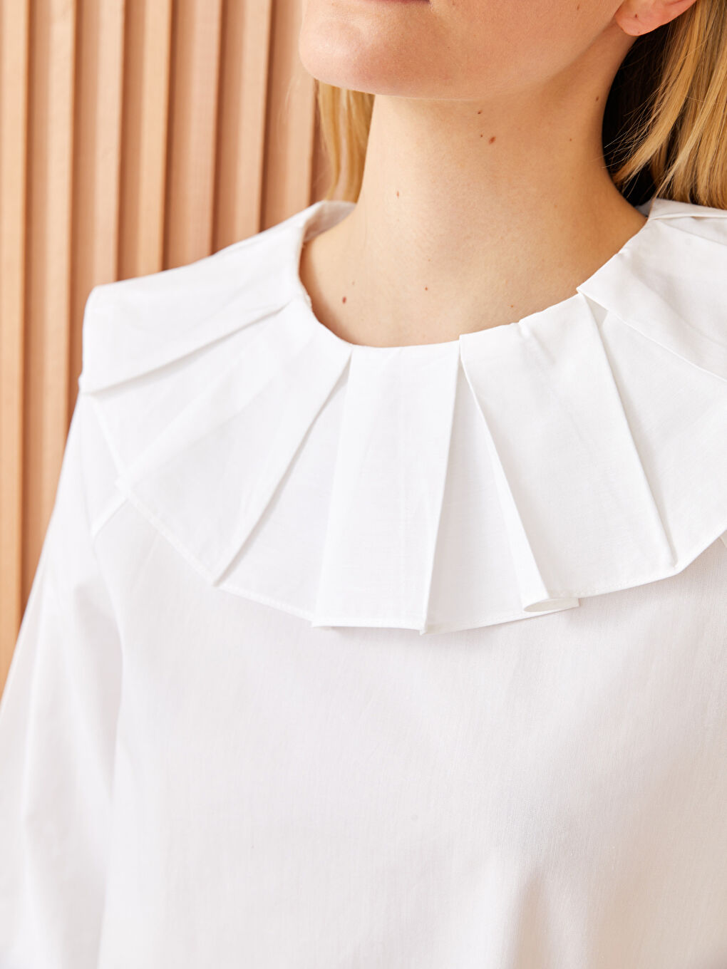 Ekru Bebe Yaka Düz Uzun Kollu Poplin Kadın Tunik-2