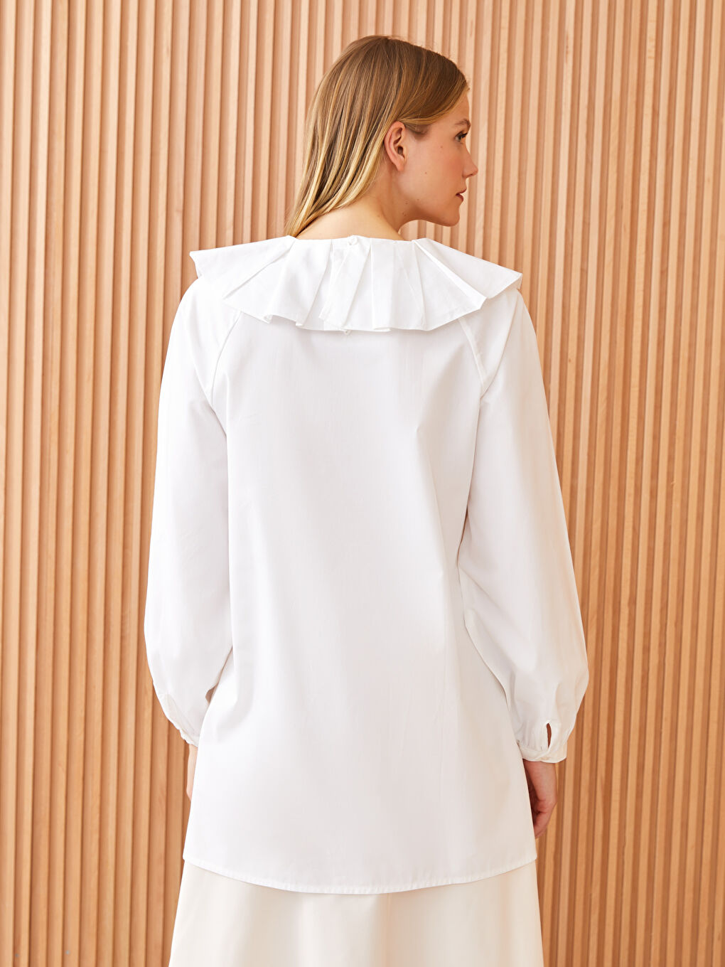 Ekru Bebe Yaka Düz Uzun Kollu Poplin Kadın Tunik-3