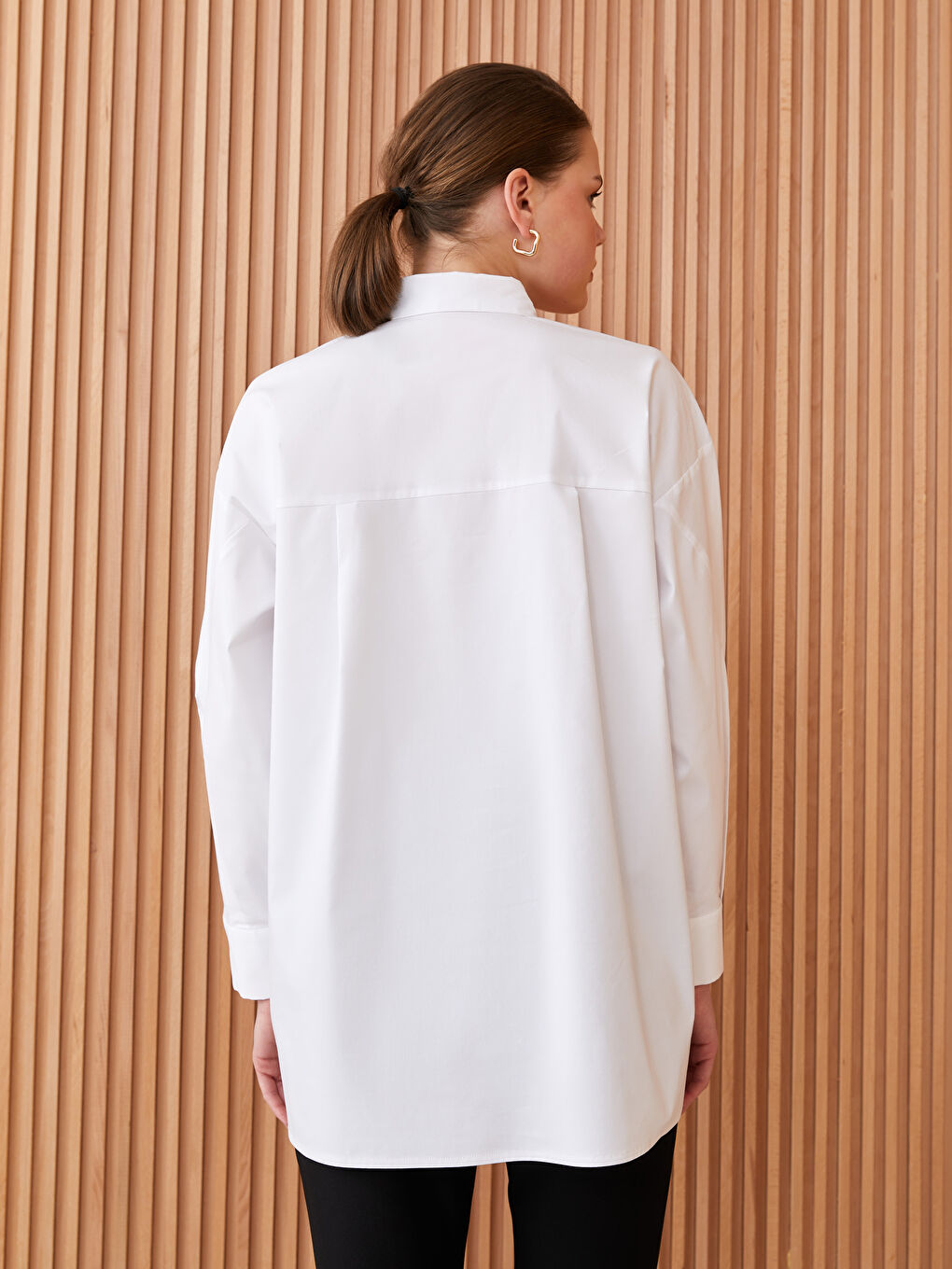 قميص تونيك سادة كم طويل واسع بوبلين للسيدات-4