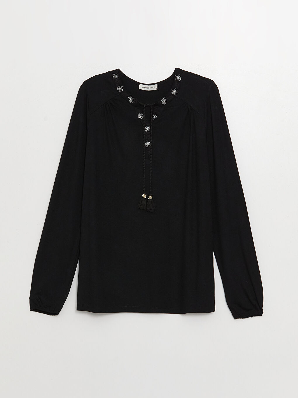 Siyah Bağlamalı Yaka Nakışlı Uzun Kollu Kadın Bluz-5