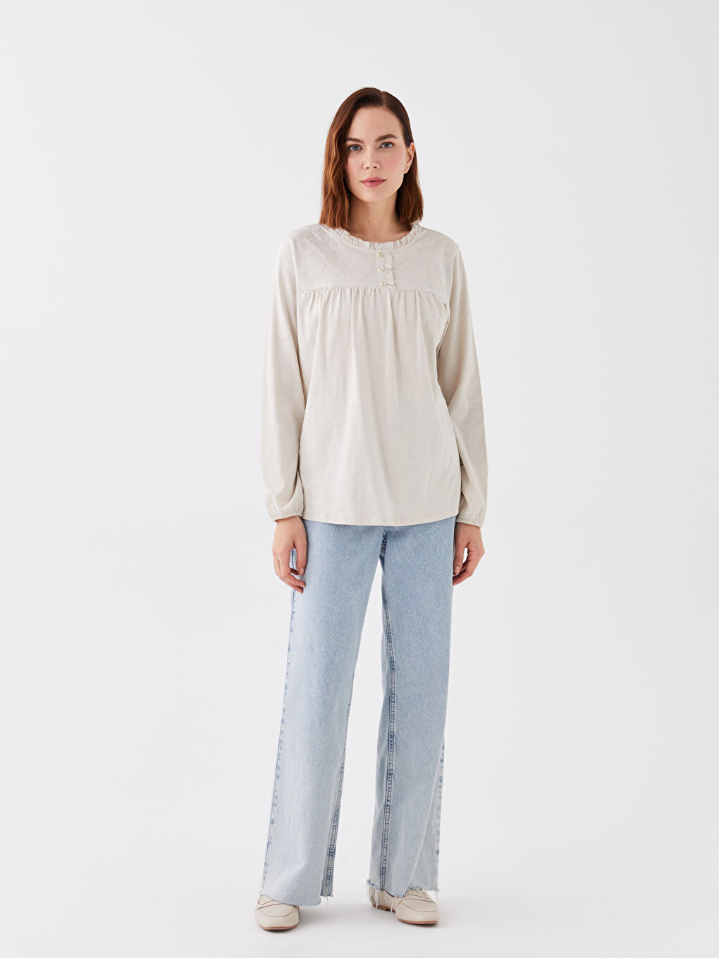 Crew Neck Embroidered Long Sleeve Women's Blouse-1