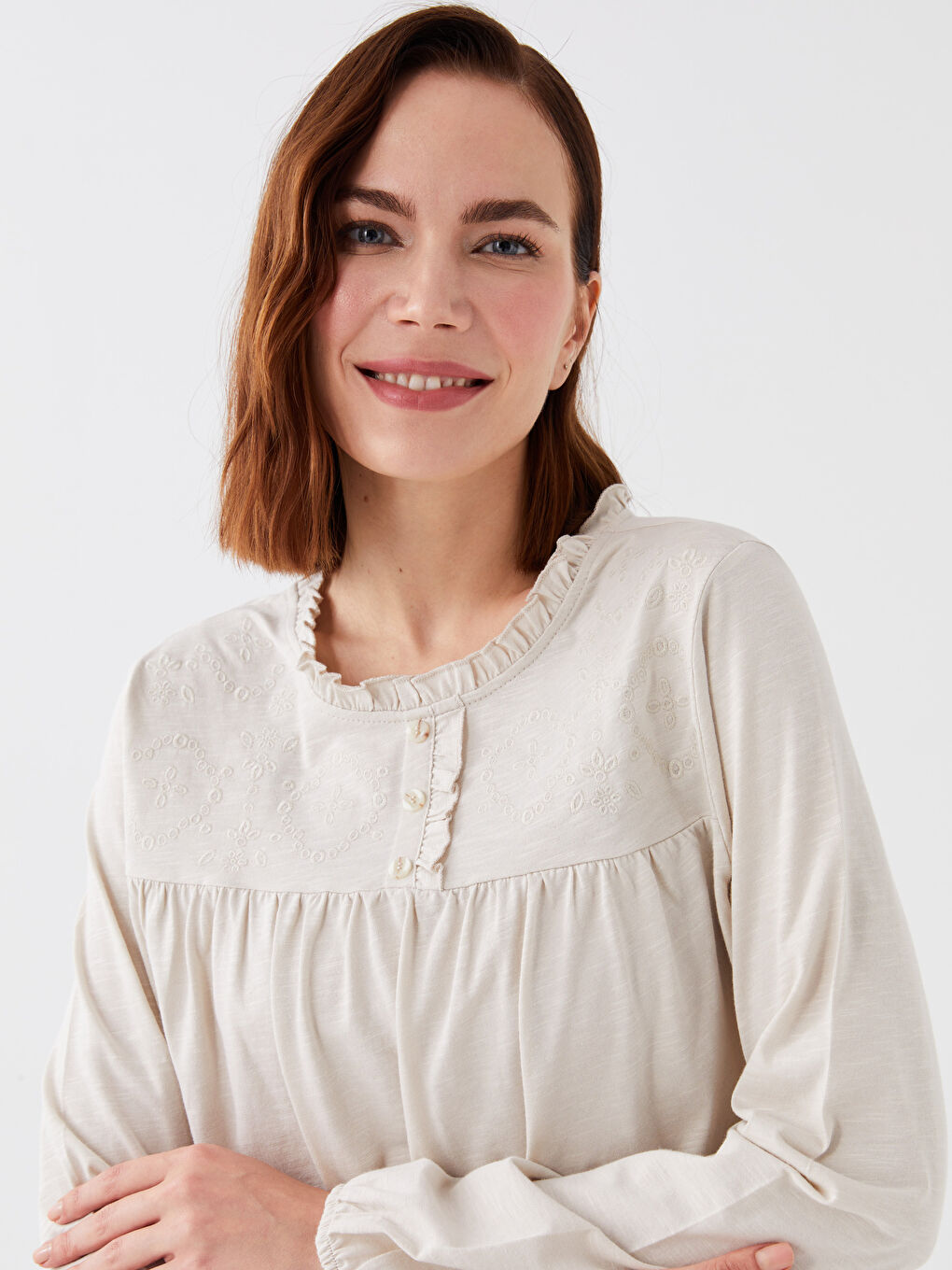 Crew Neck Embroidered Long Sleeve Women's Blouse-2