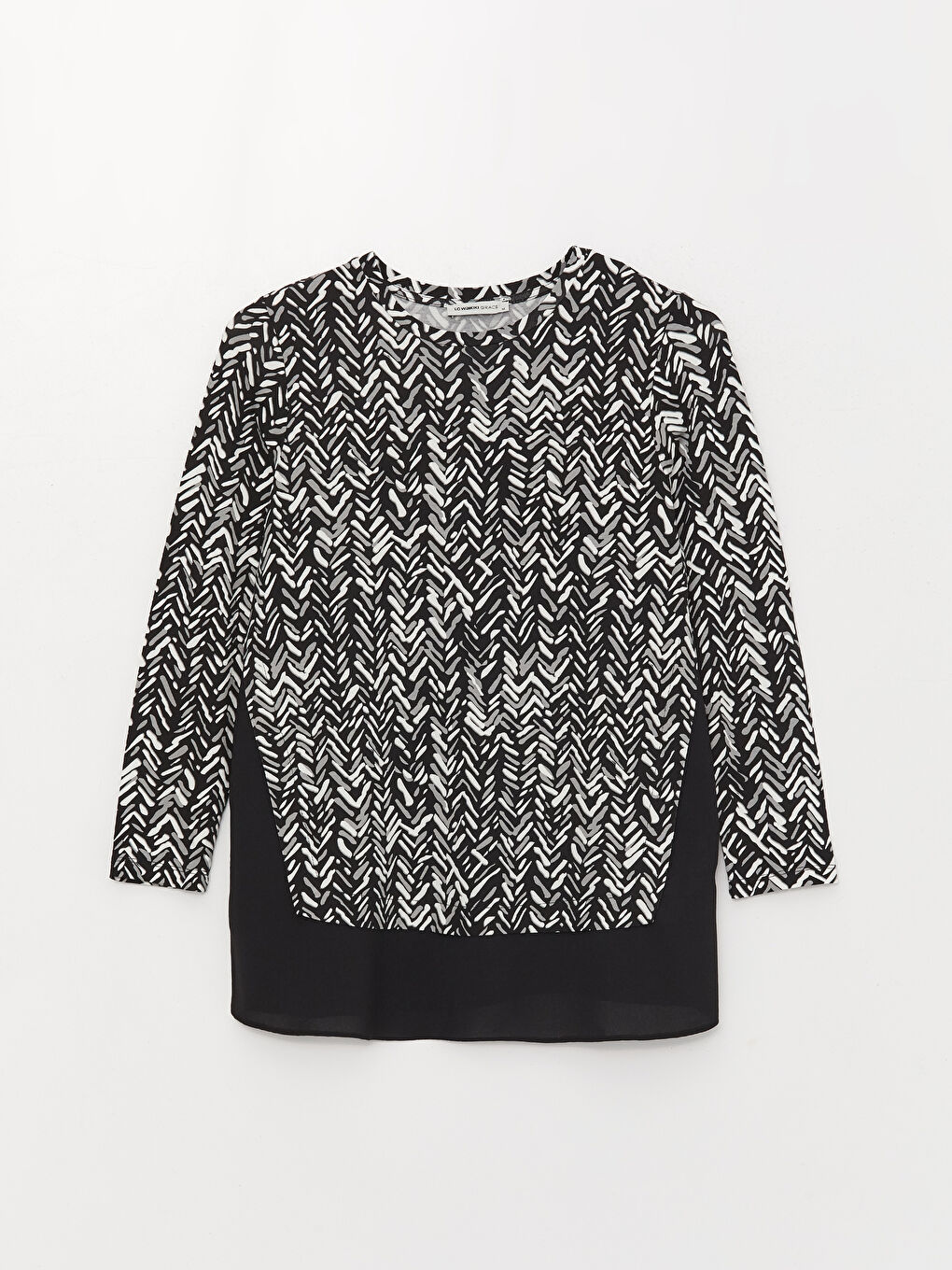 Siyah Bisiklet Yaka Desenli Uzun Kollu Kadın Bluz-5