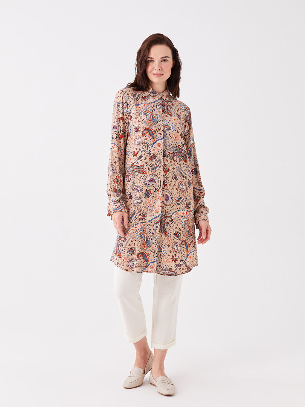 Bej Desenli Kadın Gömlek Tunik-2