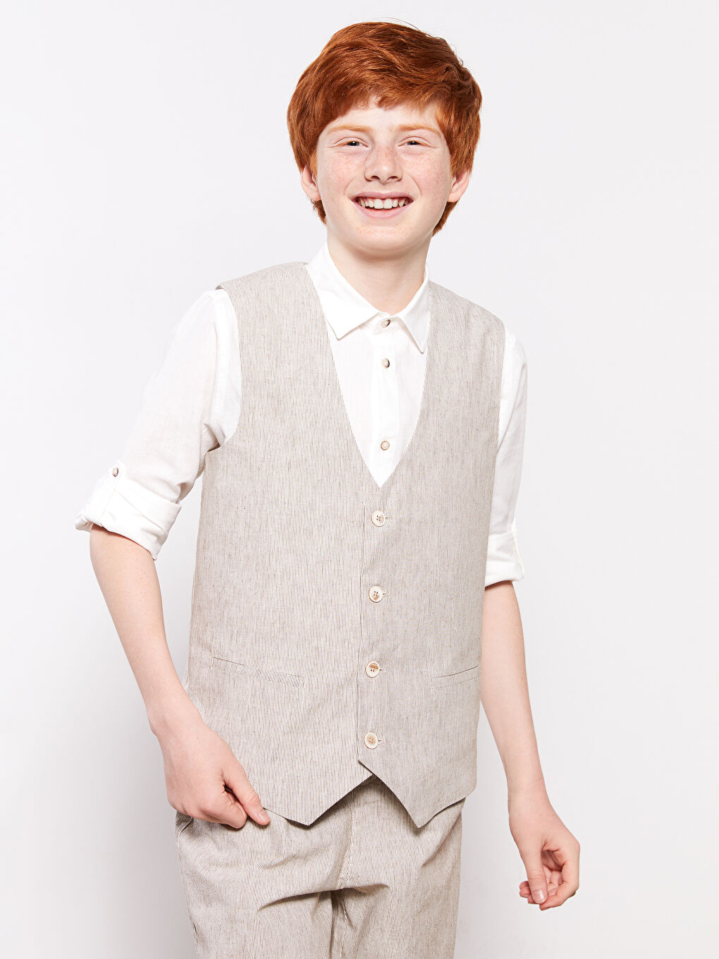 Beyaz Keten Karışımlı Erkek Çocuk 3'lü Takım-1