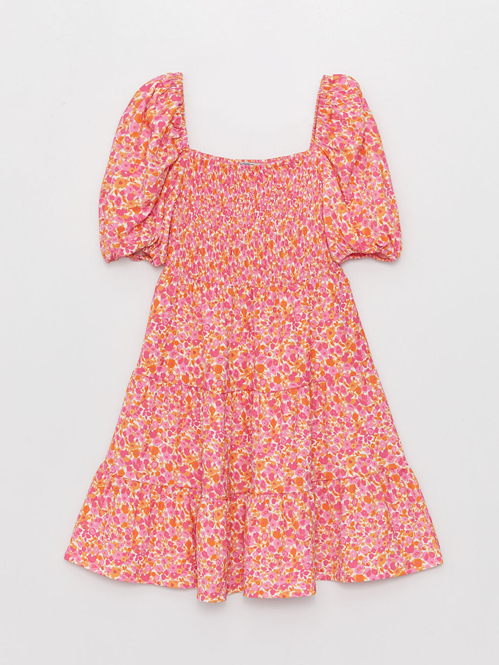 Pembe Kare Yaka Çiçekli Kısa Kollu Kadın Elbise-5