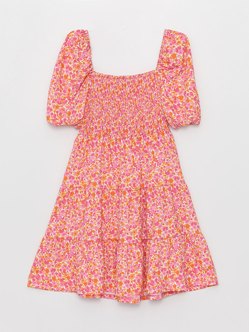 Pembe Kare Yaka Çiçekli Kısa Kollu Kadın Elbise-6