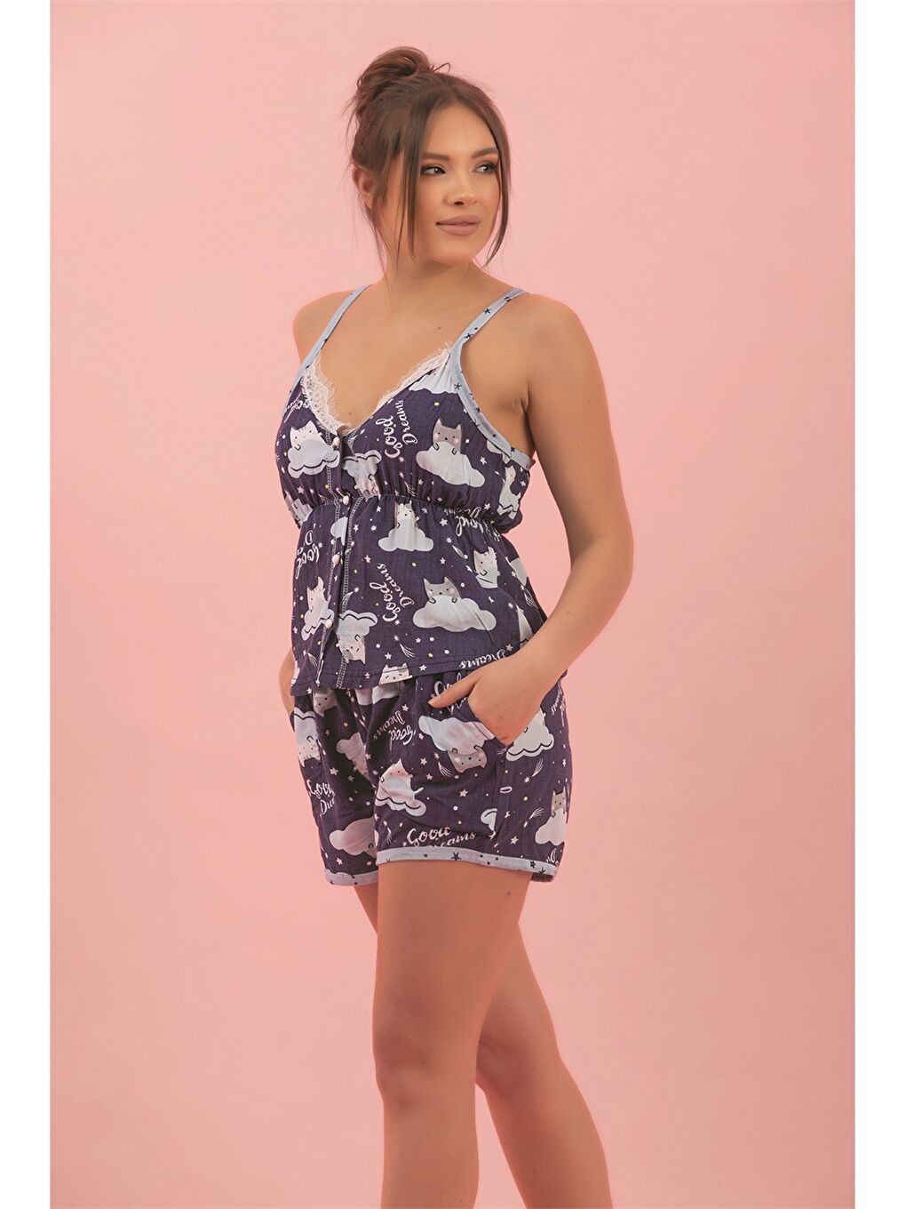 Mavi Askılı Desenli Kadın Pijama Takımı-1