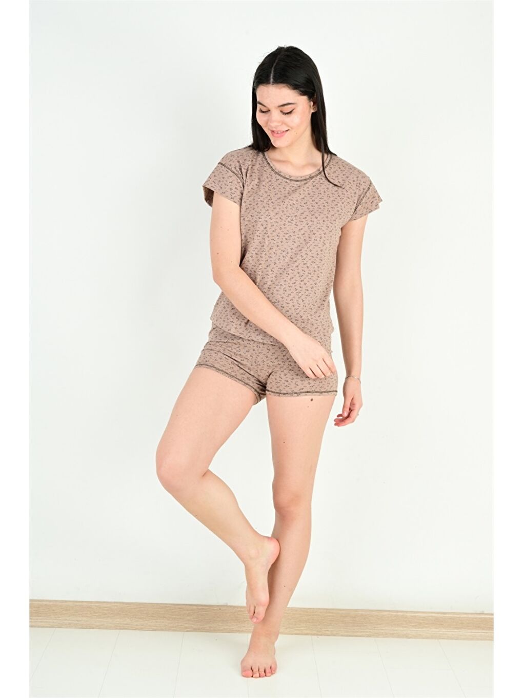 Kahverengi Bisiklet Yaka Kısa Kollu Kadın Pijama Takım-2