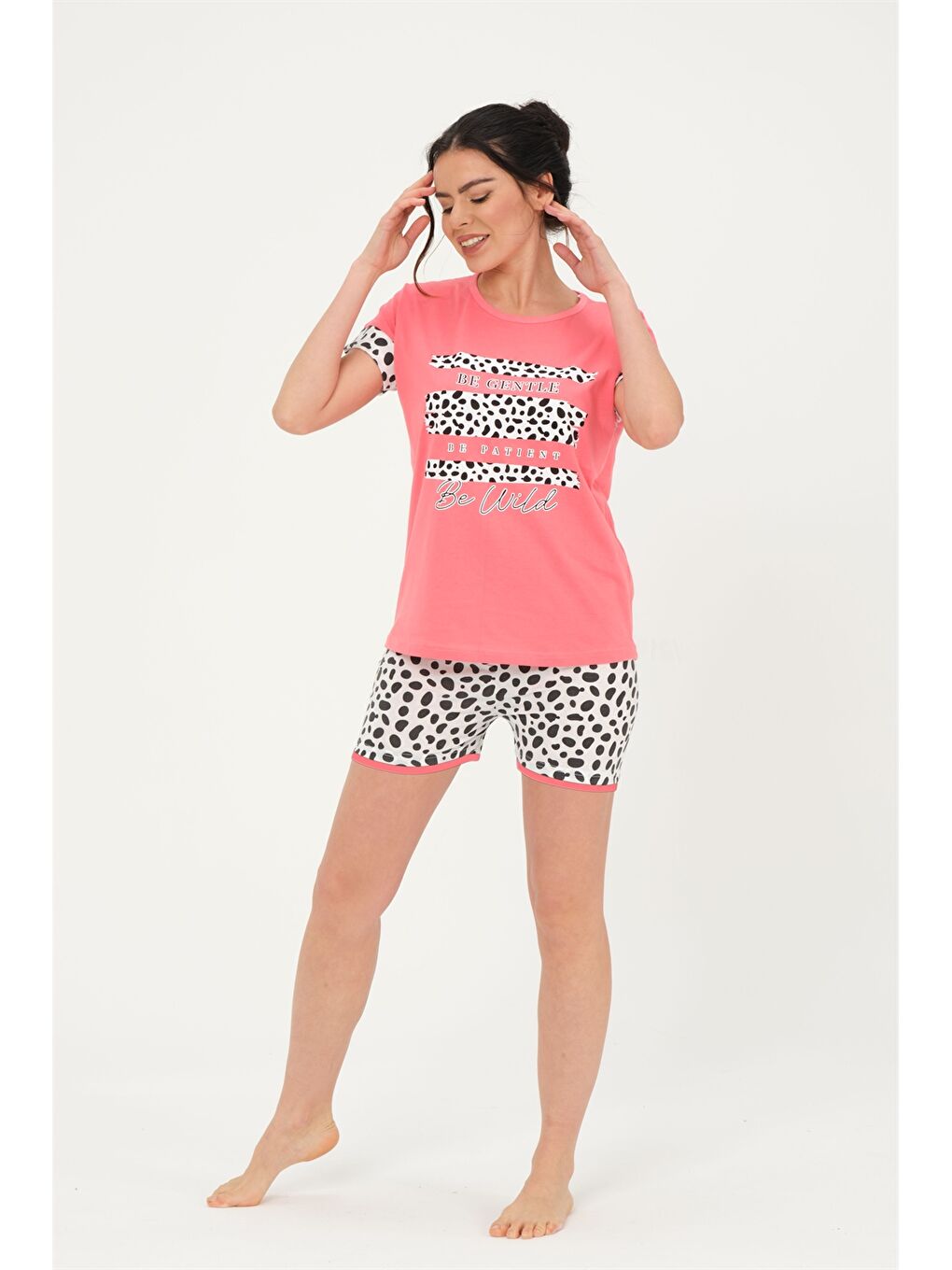 Pembe Bisiklet Yaka Kısa Kollu Kadın Pijama Takım