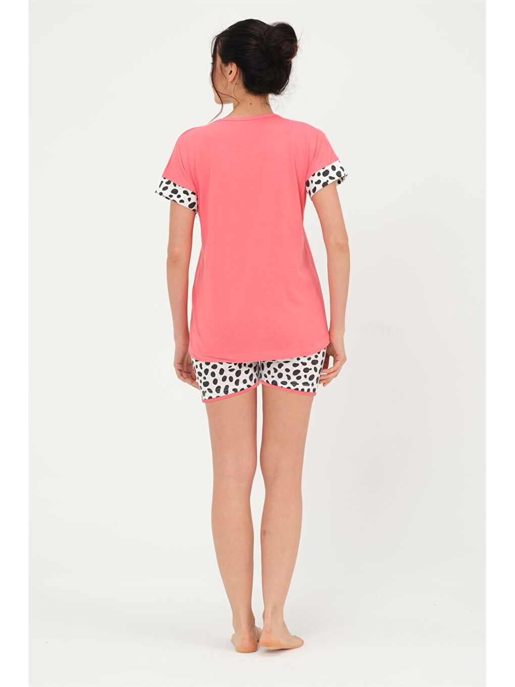 Pembe Bisiklet Yaka Kısa Kollu Kadın Pijama Takım-1