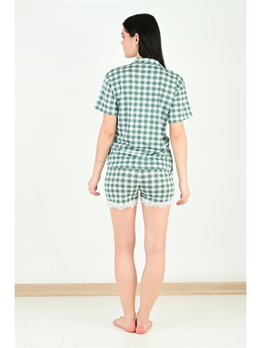 Yeşil Gömlek Yaka Kısa Kollu Kadın Pijama Takım-2