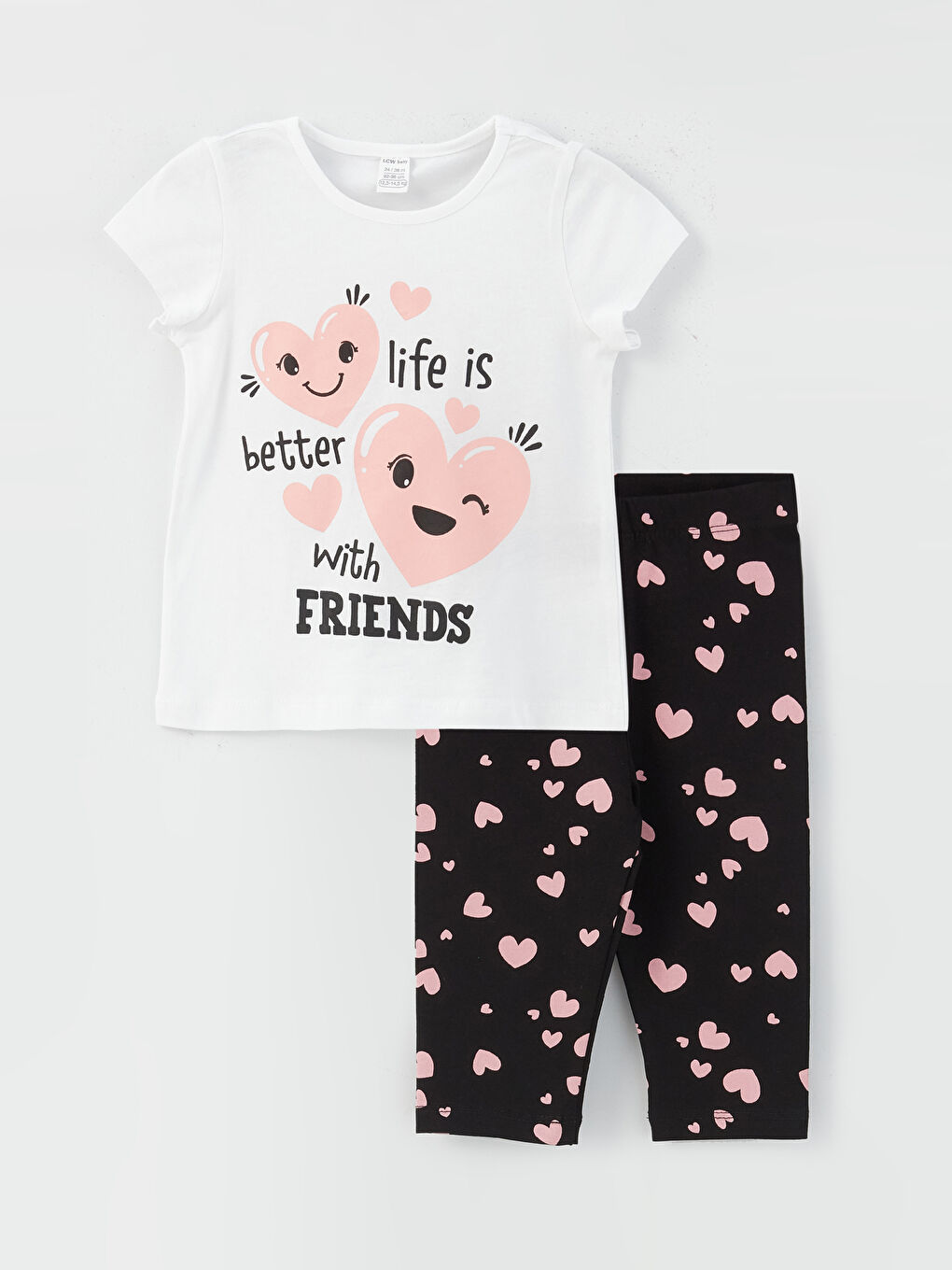 Beyaz Bisiklet Yaka Kısa Kollu Baskılı Kız Bebek Tişört ve Tayt 2'li Takım