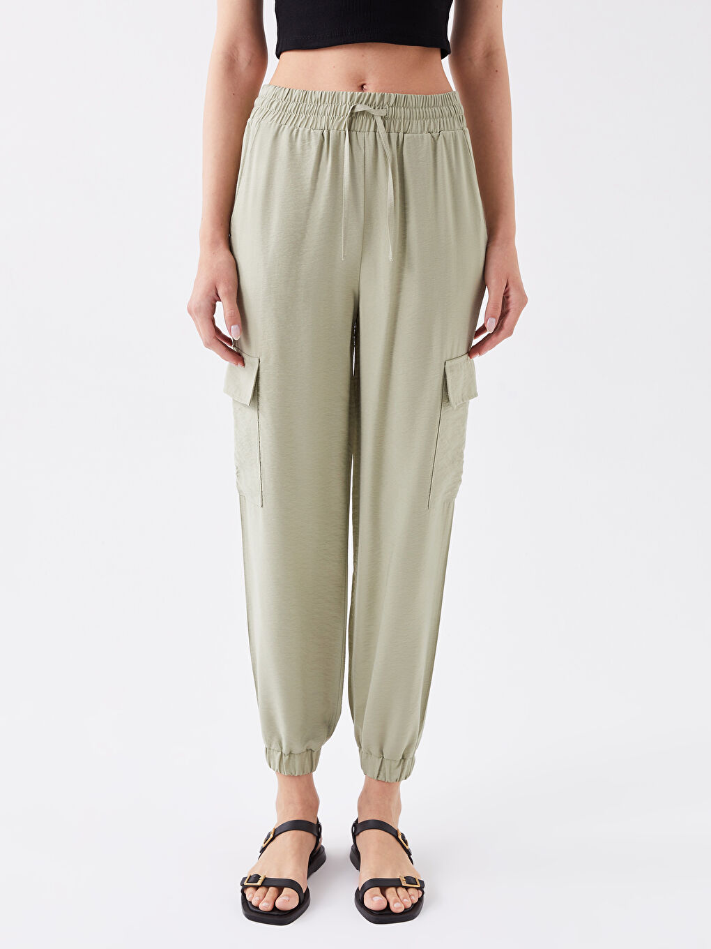 Yeşil Beli Lastikli Kadın Jogger Pantolon-3
