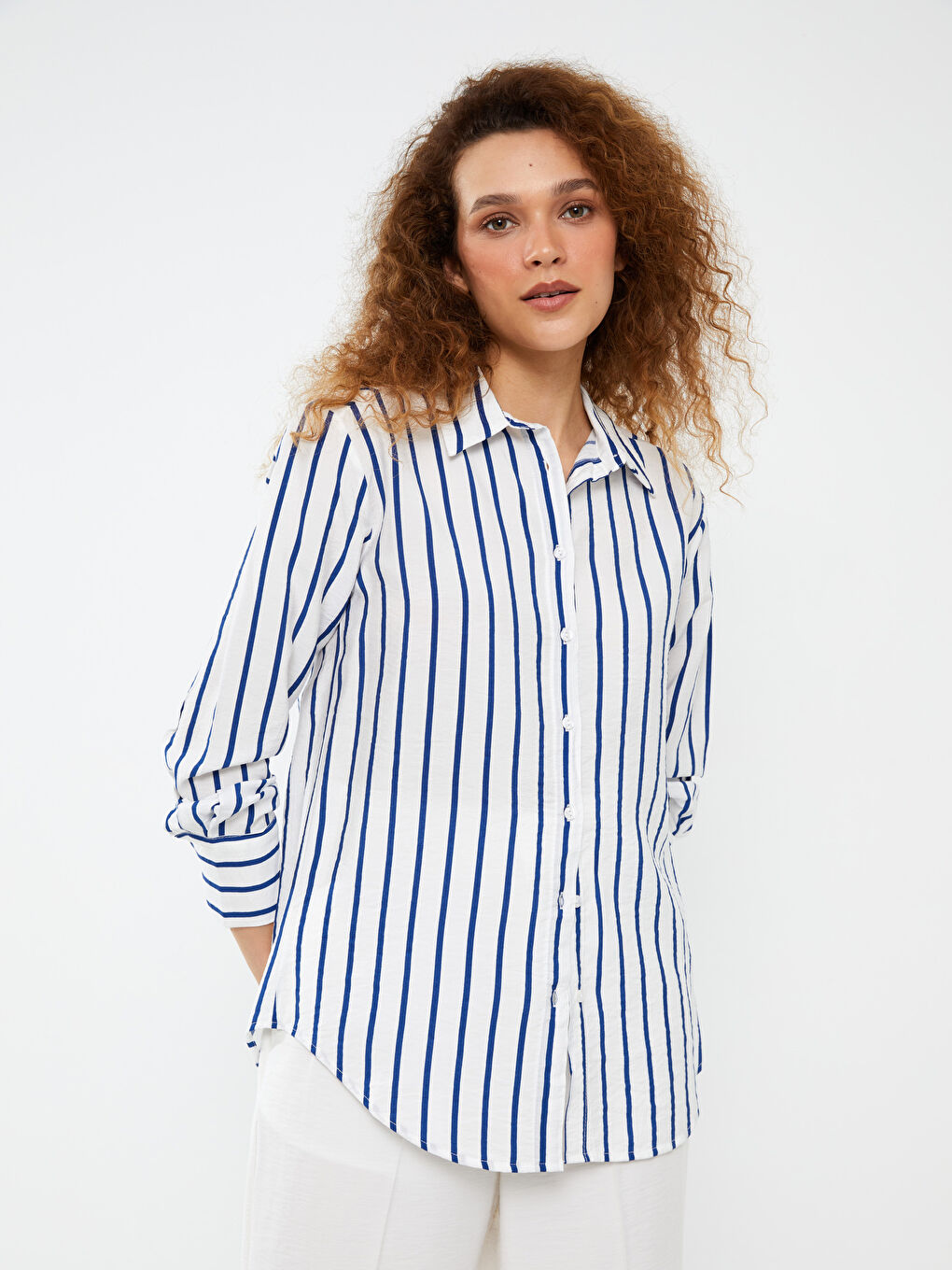 İndigo Çizgili Uzun Kollu Kadın Gömlek