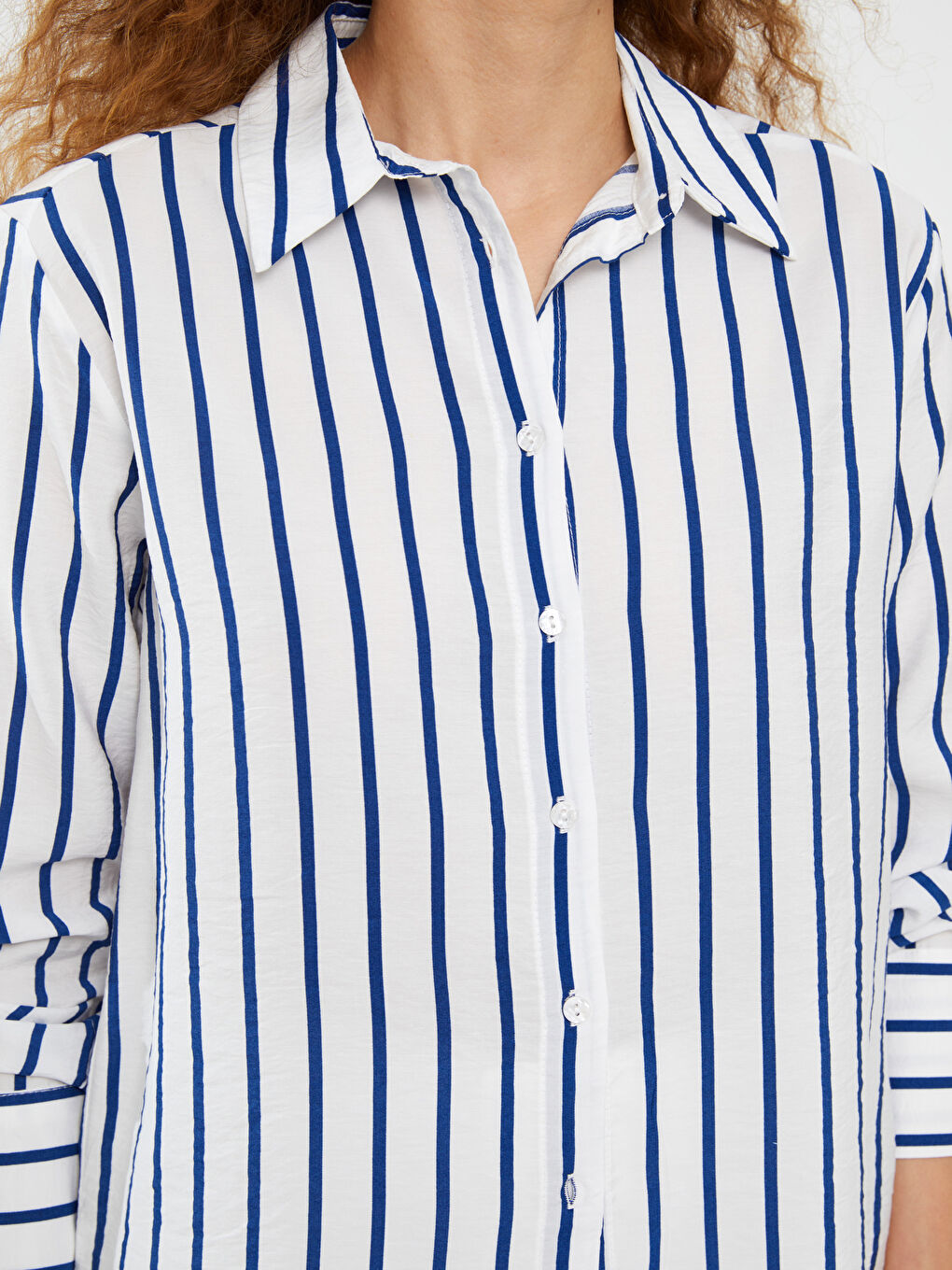 İndigo Çizgili Uzun Kollu Kadın Gömlek-3
