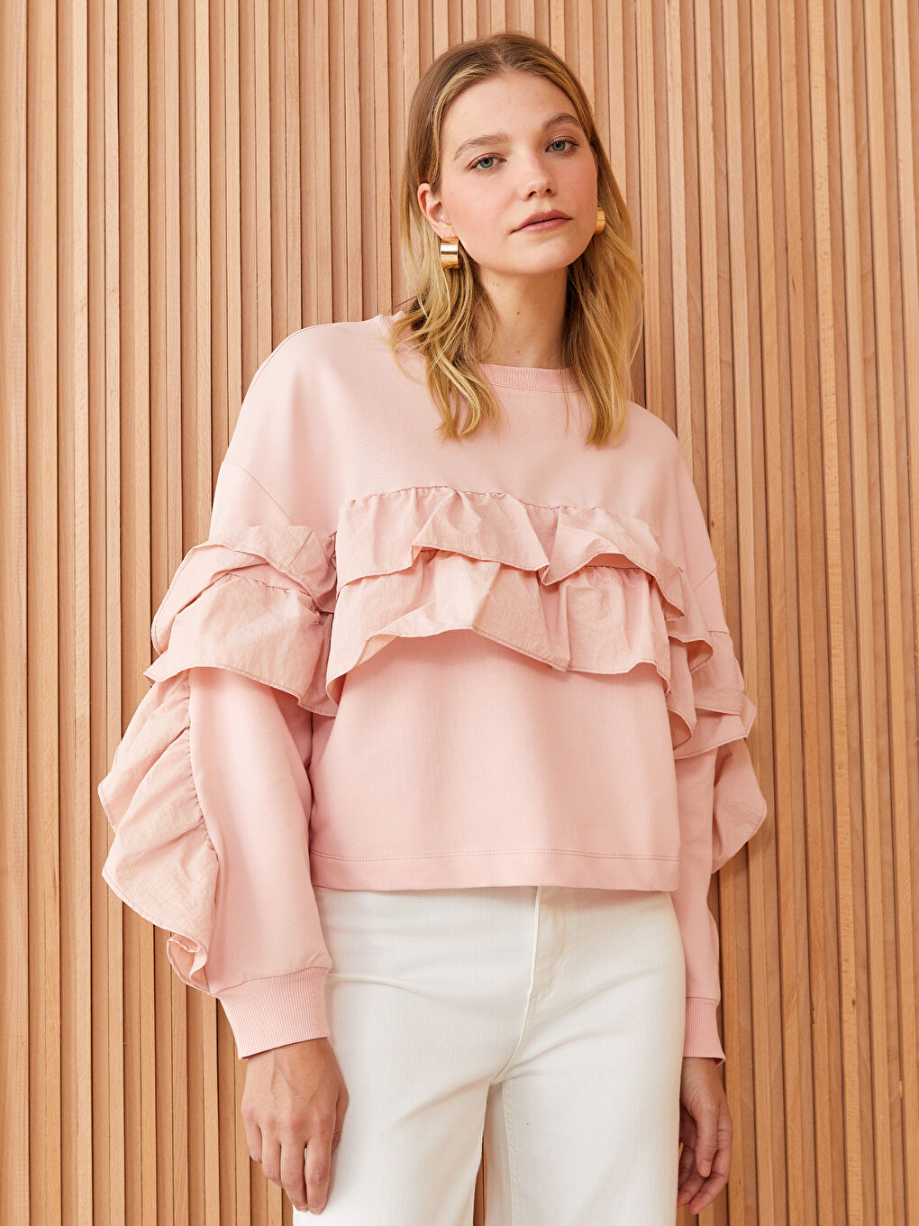 Pembe Bisiklet Yaka Düz Uzun Kollu Oversize Kadın Tunik-1