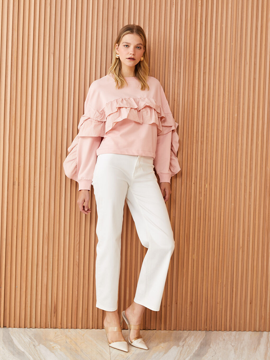 Pembe Bisiklet Yaka Düz Uzun Kollu Oversize Kadın Tunik-2