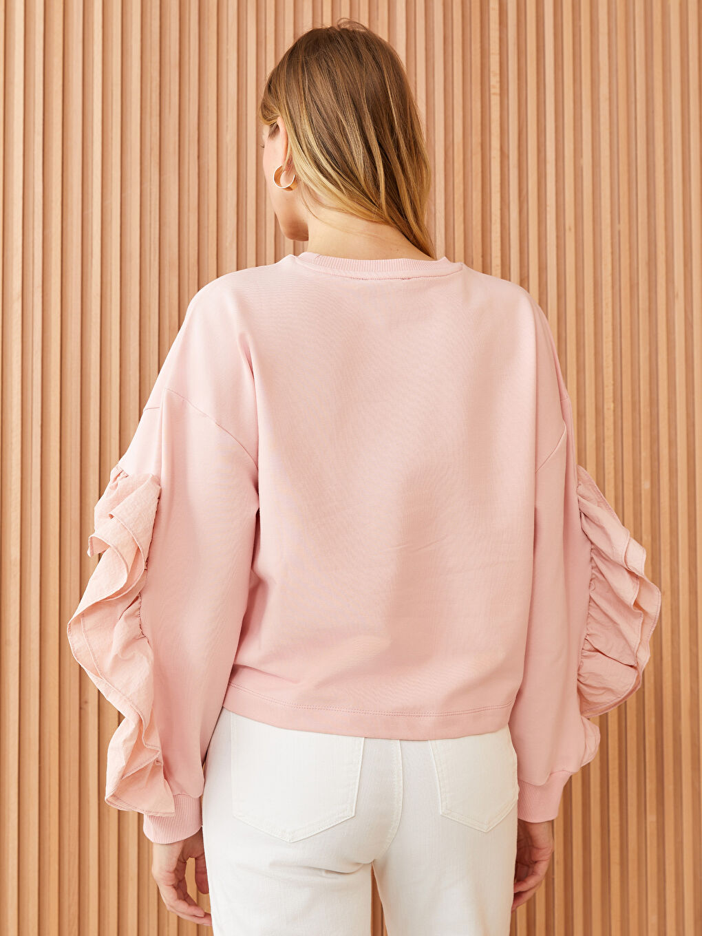 Pembe Bisiklet Yaka Düz Uzun Kollu Oversize Kadın Tunik-4