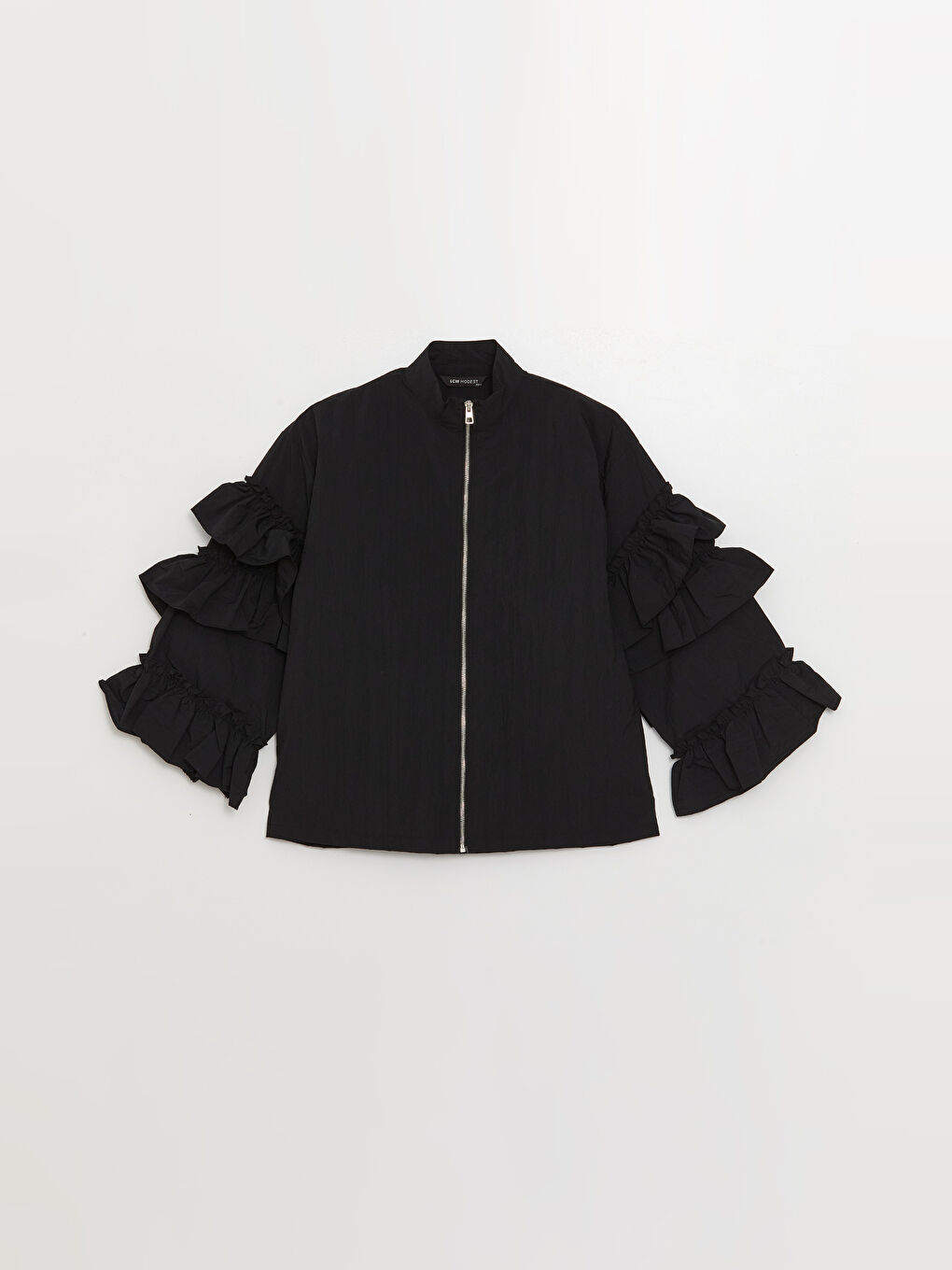 Siyah Dik Yaka Fırfır Detaylı Uzun Kollu Oversize Kadın Tunik-6