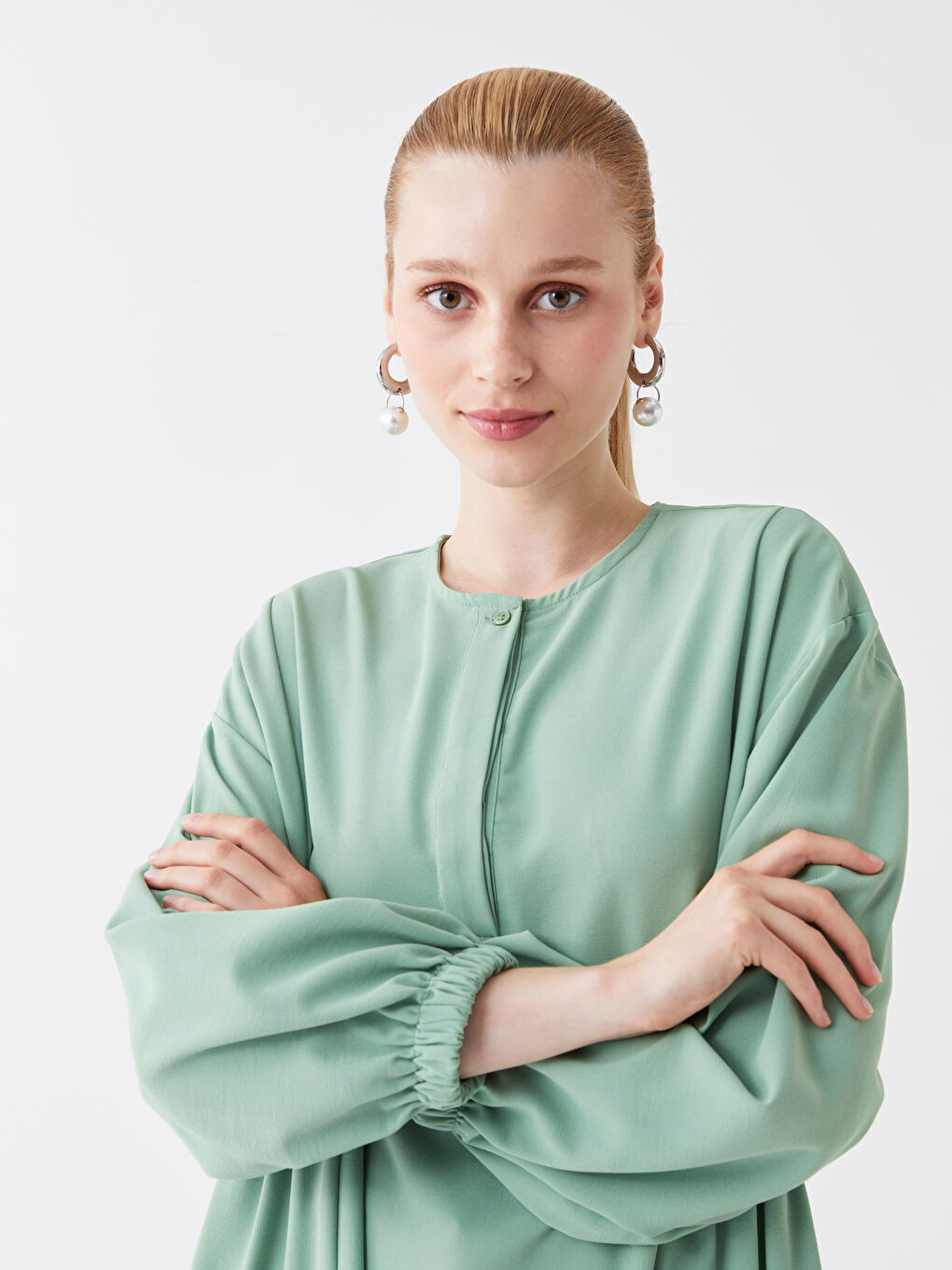 Yeşil Bisiklet Yaka Düz Uzun Kollu Kadın Tunik-2