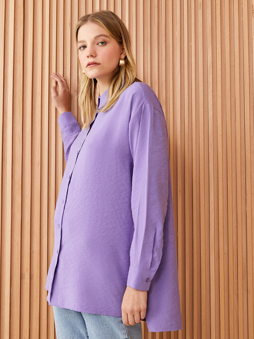 Mor Düz Uzun Kollu Oversize Kadın Gömlek Tunik