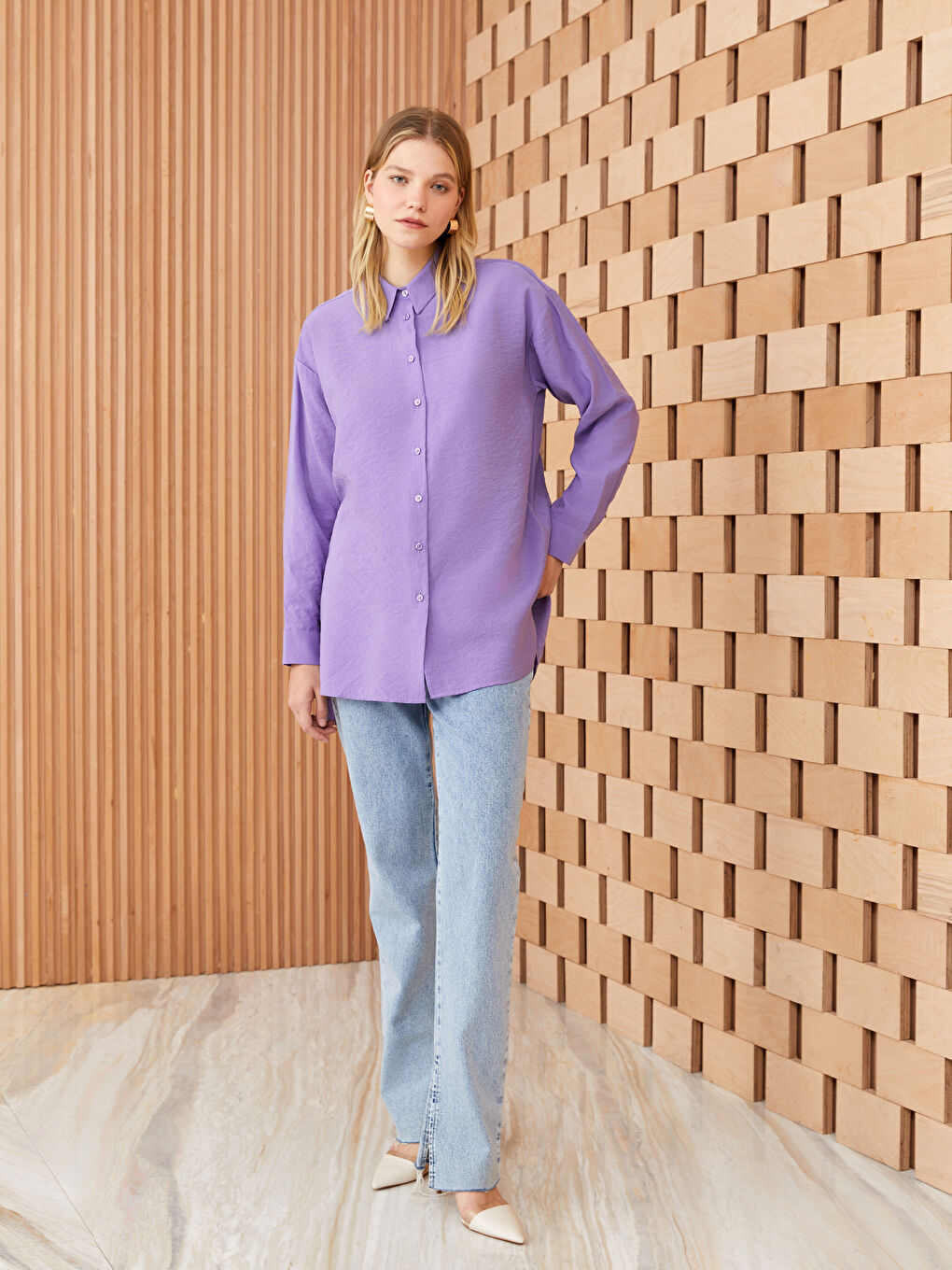 Mor Düz Uzun Kollu Oversize Kadın Gömlek Tunik-2