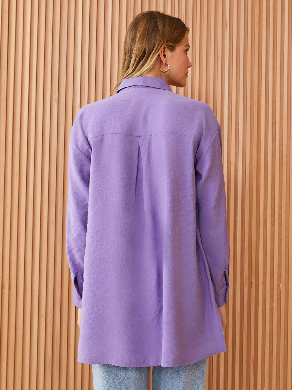 Mor Düz Uzun Kollu Oversize Kadın Gömlek Tunik-4