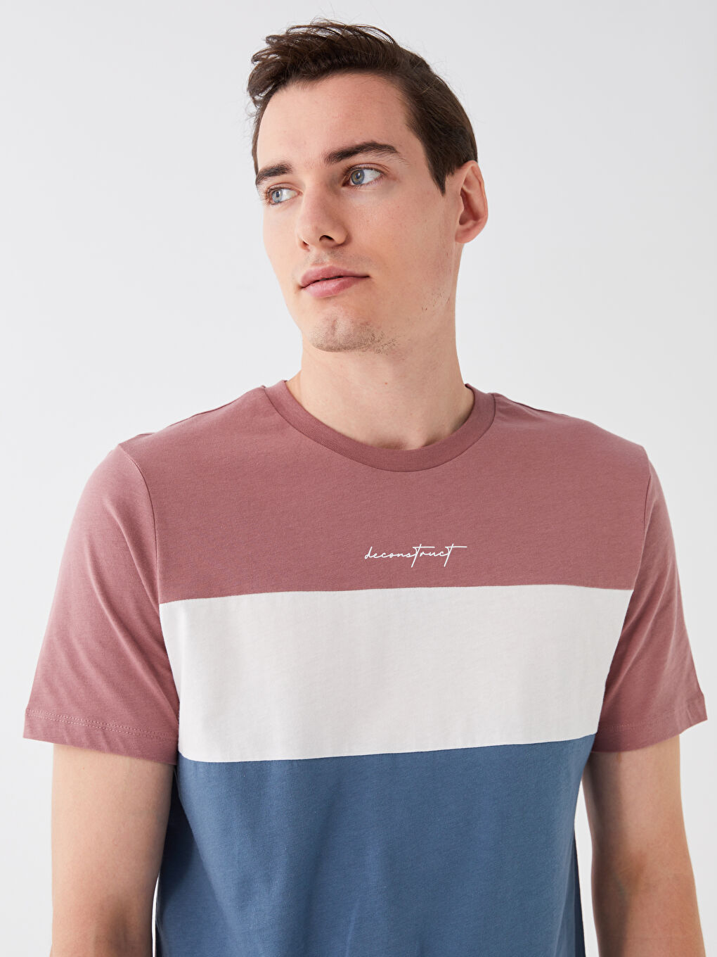 Pembe Bisiklet Yaka Kısa Kollu Renk Bloklu Penye Erkek Tişört-2