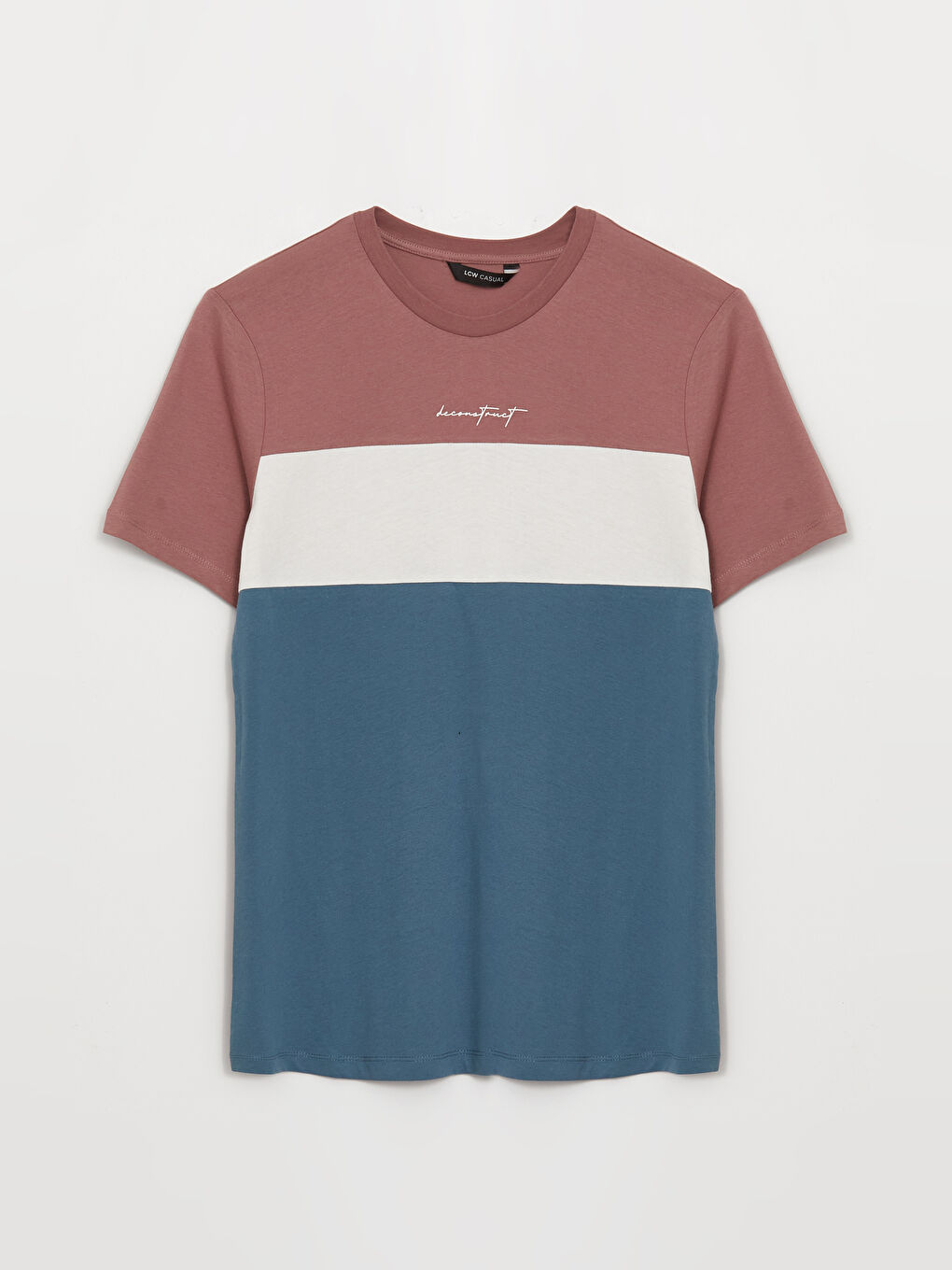 Pembe Bisiklet Yaka Kısa Kollu Renk Bloklu Penye Erkek Tişört-5