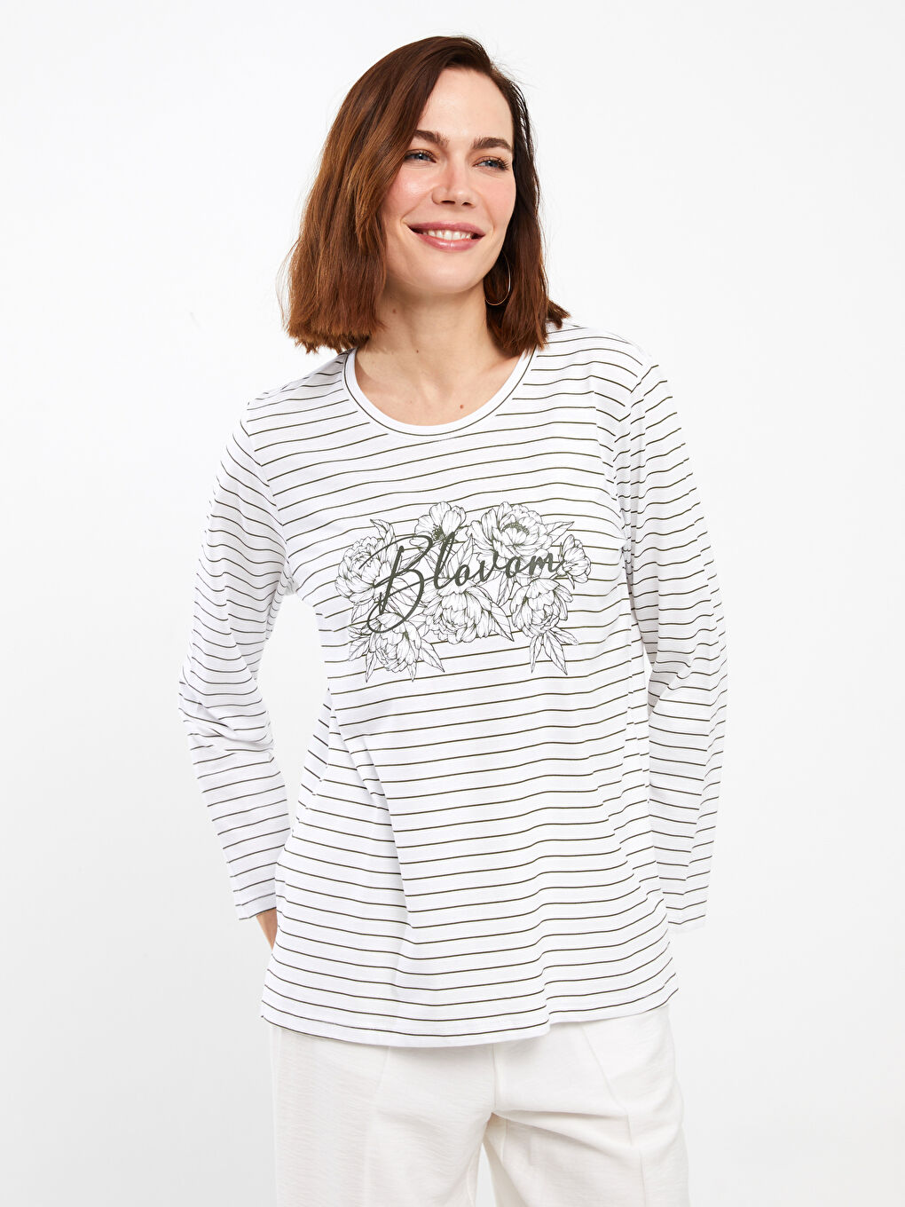 Yeşil Bisiklet Yaka Çizgili Uzun Kollu Kadın Tişört