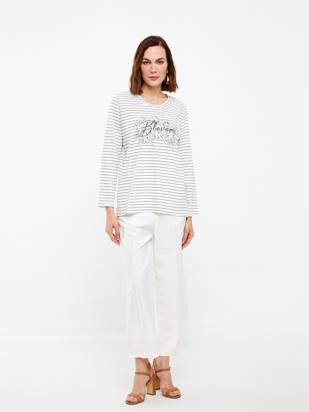 Yeşil Bisiklet Yaka Çizgili Uzun Kollu Kadın Tişört-1