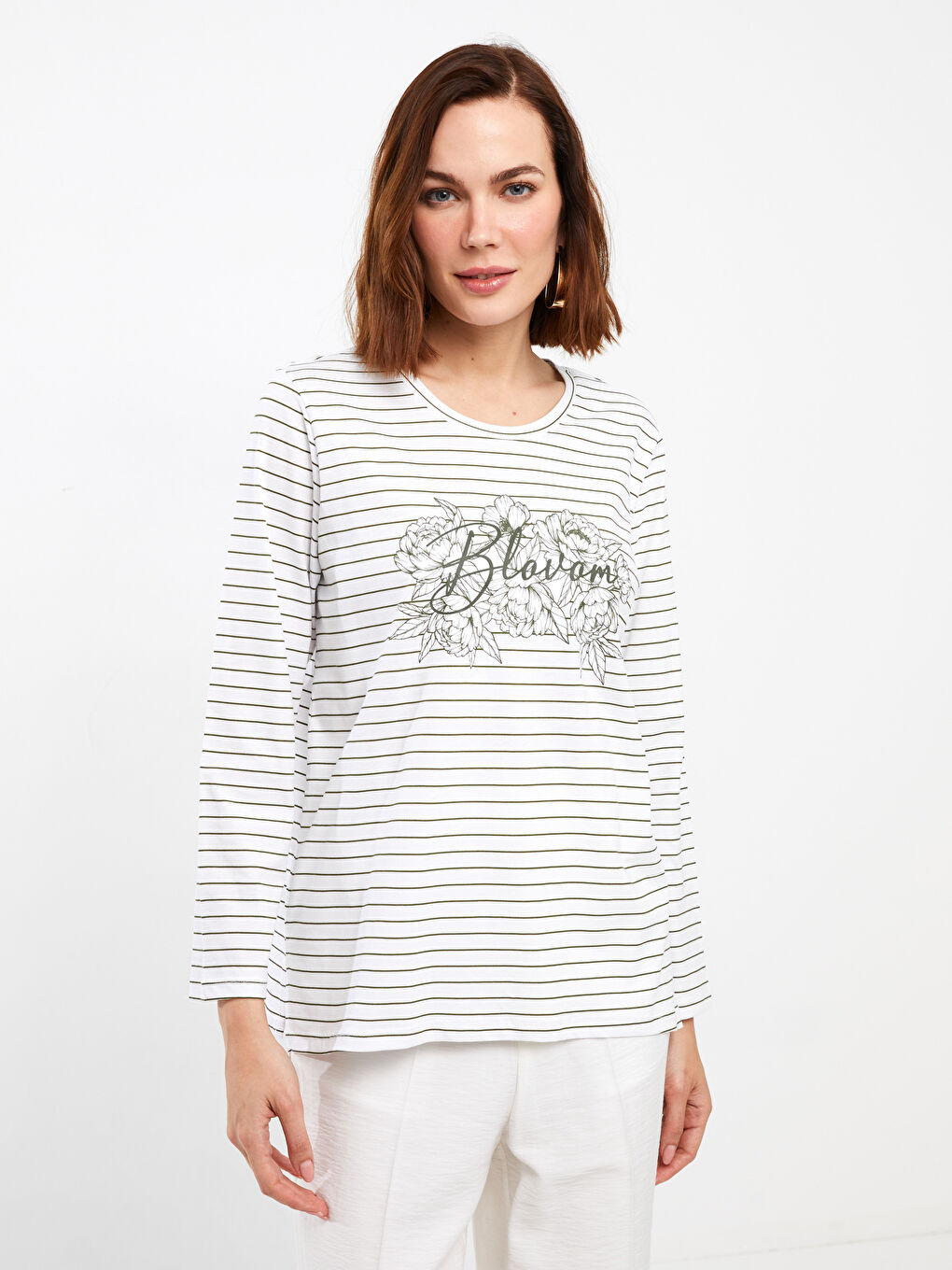 Yeşil Bisiklet Yaka Çizgili Uzun Kollu Kadın Tişört-2