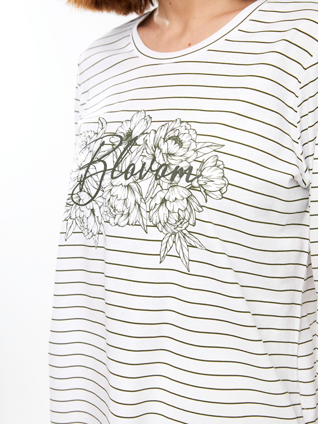 Yeşil Bisiklet Yaka Çizgili Uzun Kollu Kadın Tişört-3