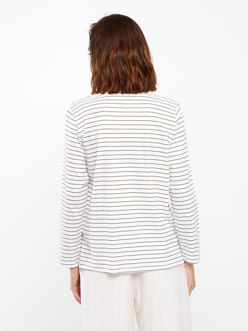 Yeşil Bisiklet Yaka Çizgili Uzun Kollu Kadın Tişört-4