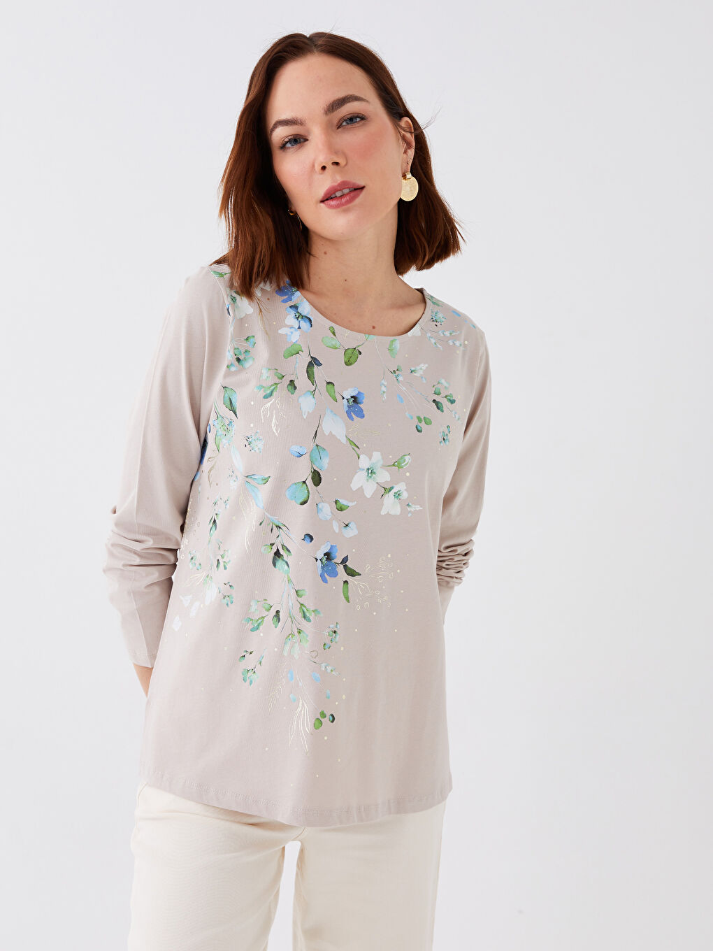 Bej Bisiklet Yaka Baskılı Uzun Kollu Kadın Tişört