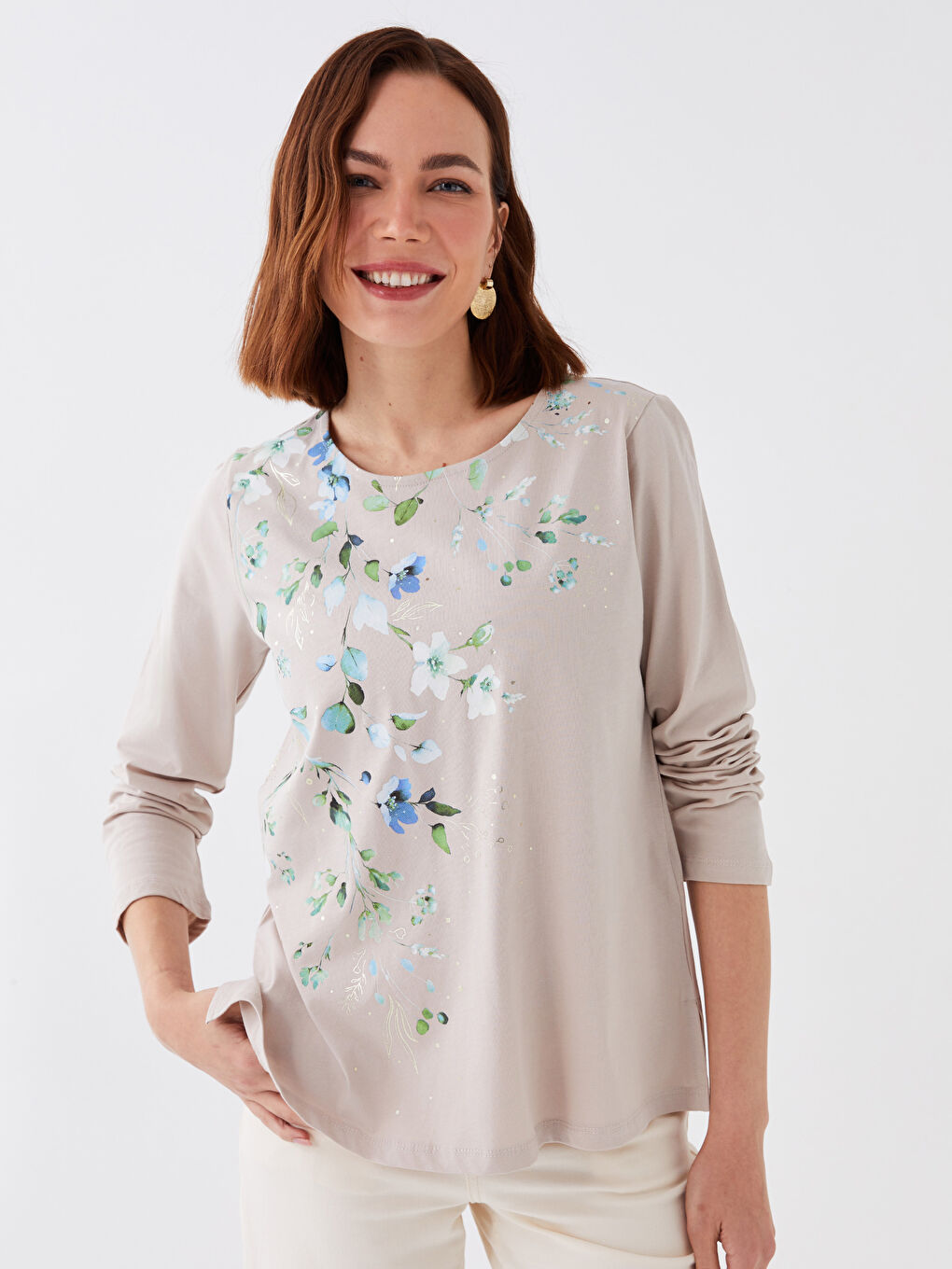 Bej Bisiklet Yaka Baskılı Uzun Kollu Kadın Tişört-1