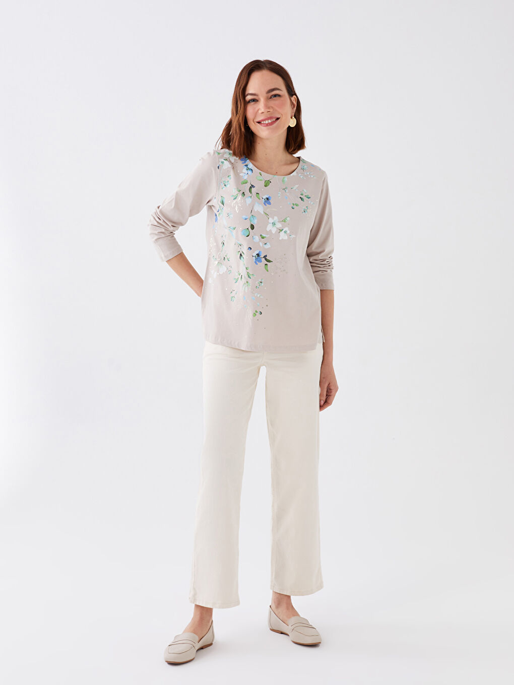 Bej Bisiklet Yaka Baskılı Uzun Kollu Kadın Tişört-2