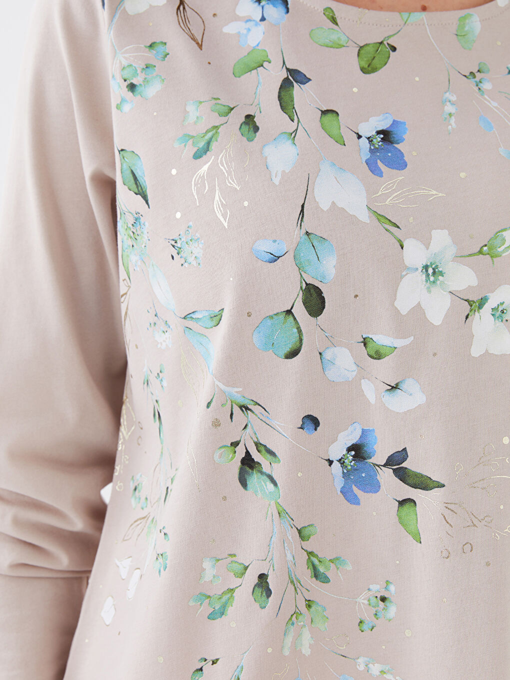 Bej Bisiklet Yaka Baskılı Uzun Kollu Kadın Tişört-3