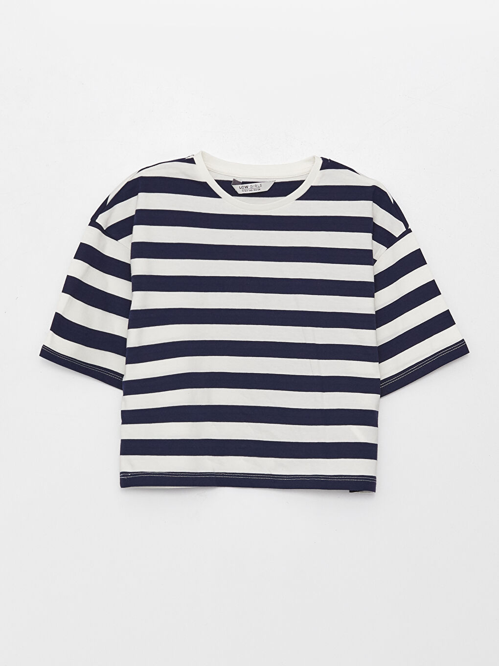 Lacivert Bisiklet Yaka Çizgili Kısa Kollu Kız Çocuk Tişört