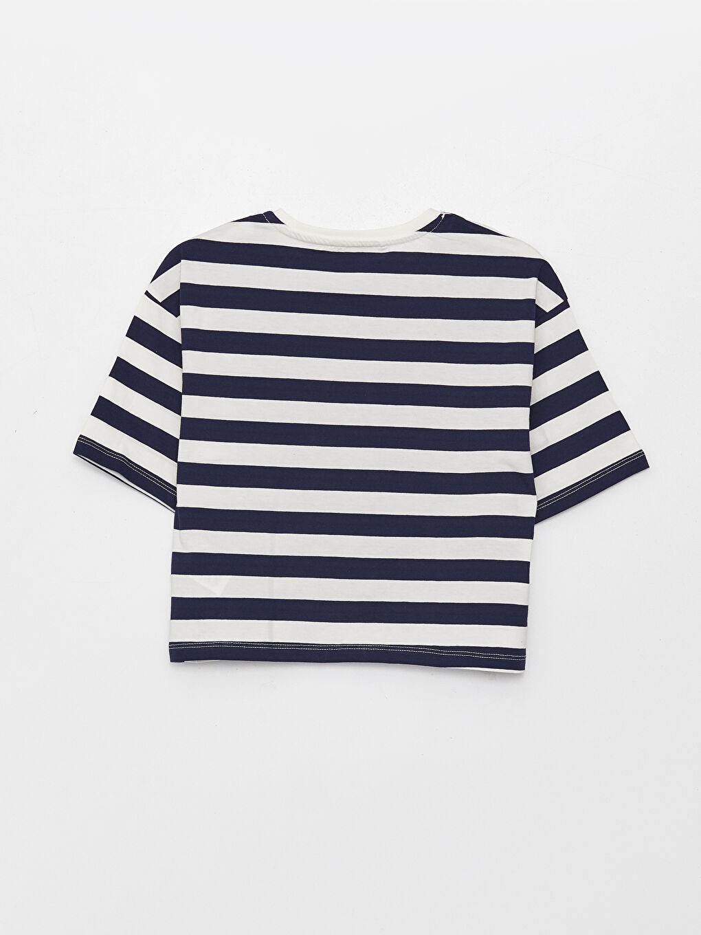 Lacivert Bisiklet Yaka Çizgili Kısa Kollu Kız Çocuk Tişört-1