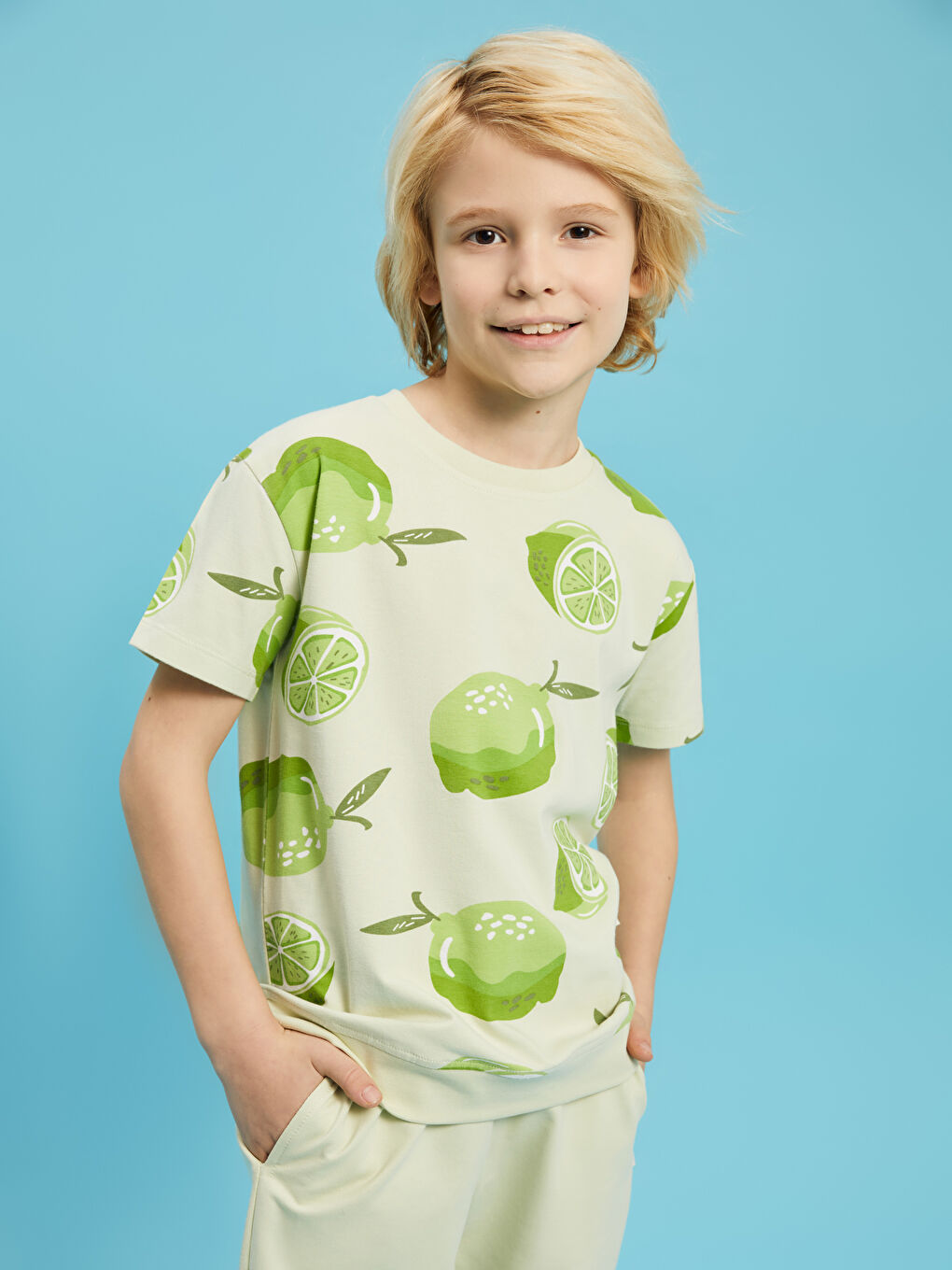 Yeşil Bisiklet Yaka Baskılı Kısa Kollu Erkek Çocuk Pijama Takımı