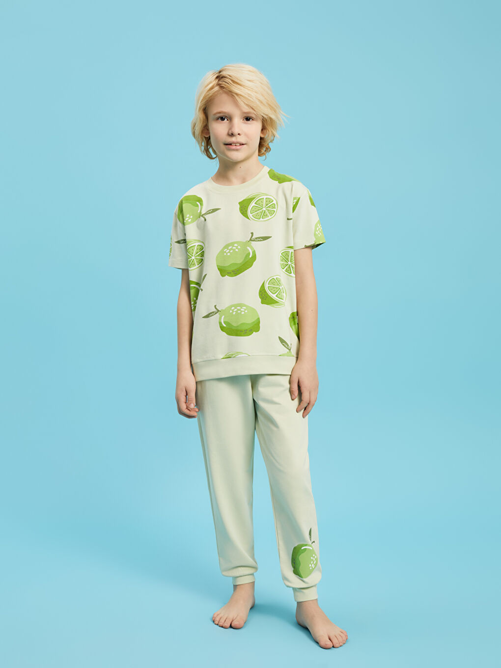 Yeşil Bisiklet Yaka Baskılı Kısa Kollu Erkek Çocuk Pijama Takımı-1