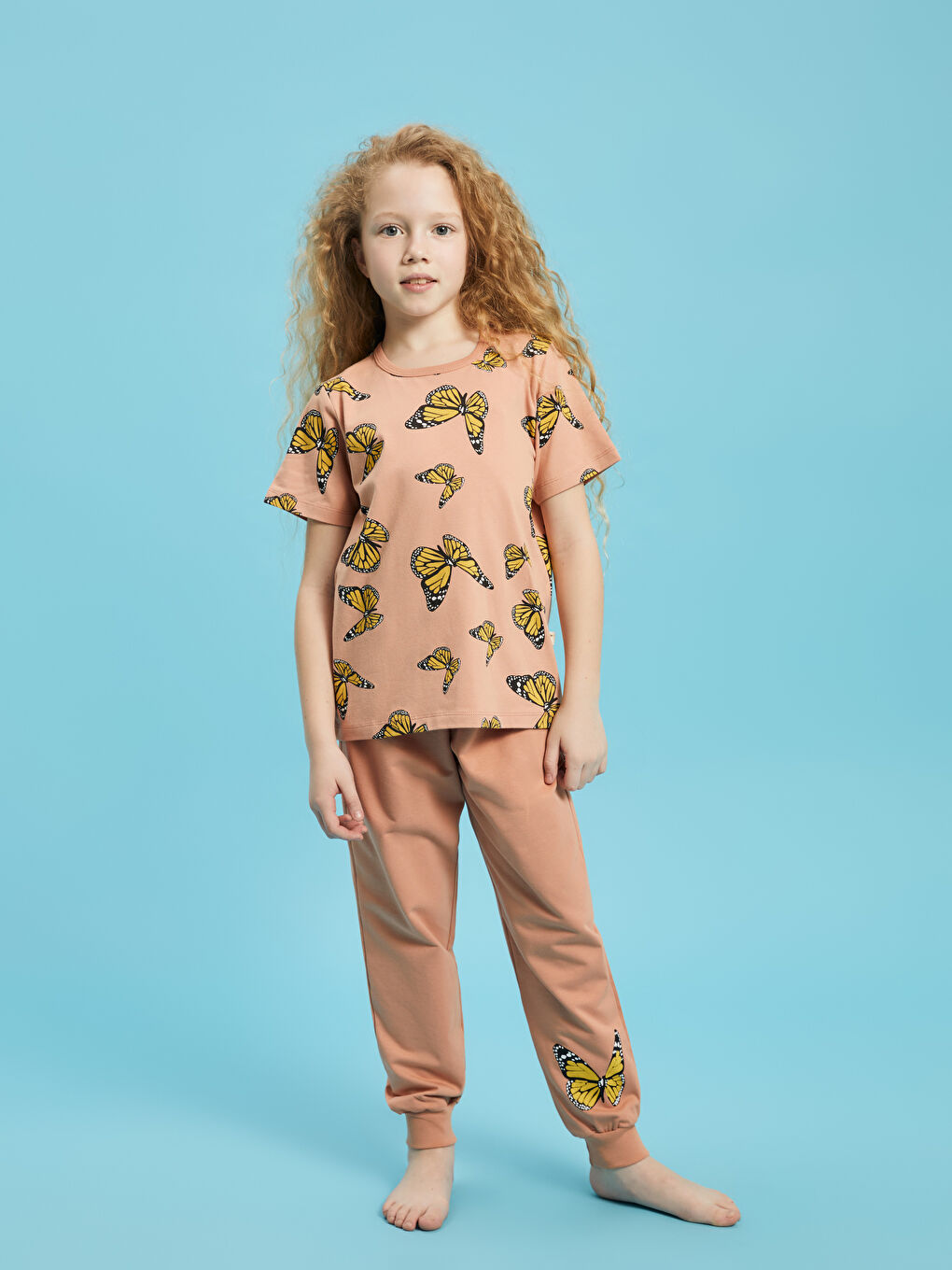 Turuncu Bisiklet Yaka Baskılı Kısa Kollu Kız Çocuk Pijama Takımı-1