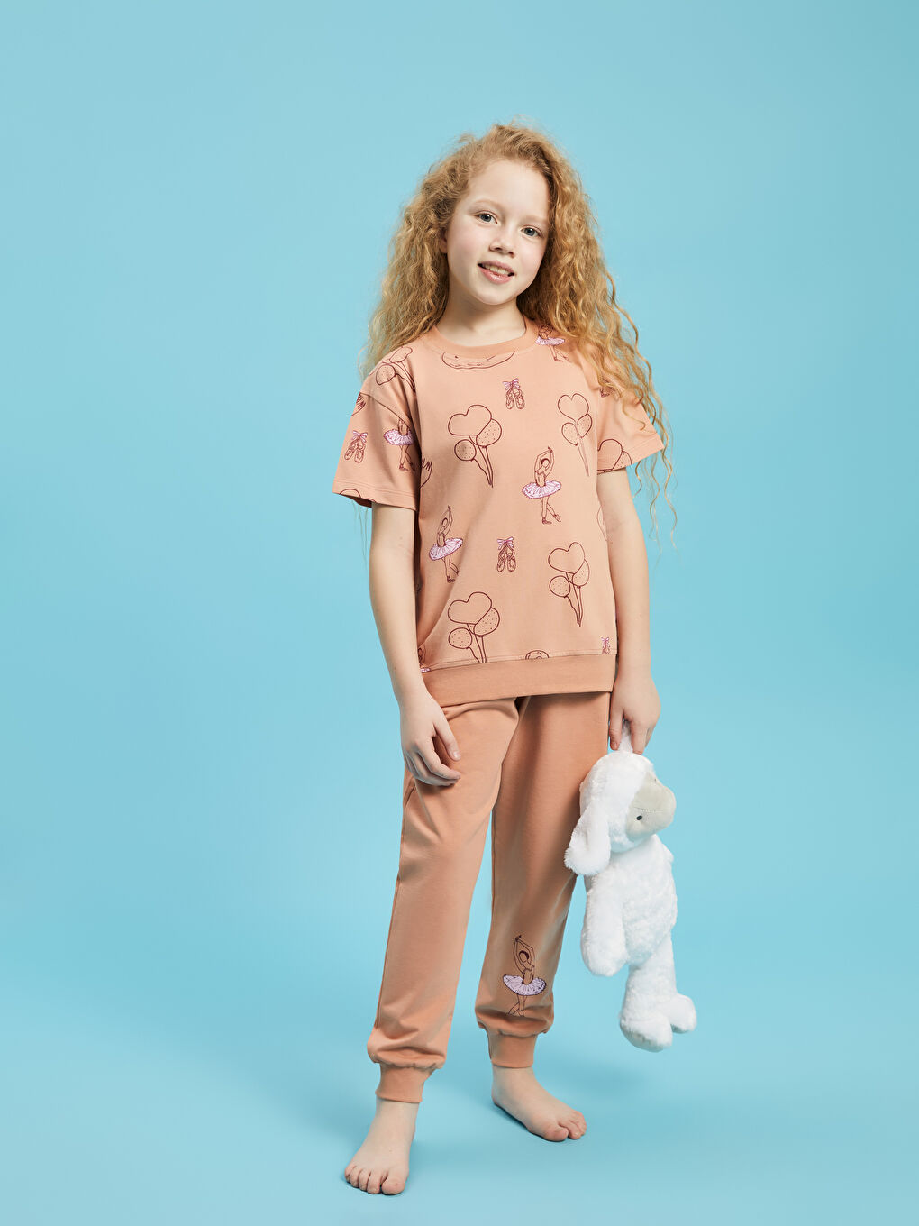 Mercan Bisiklet Yaka Baskılı Kısa Kollu Kız Çocuk Pijama Takımı