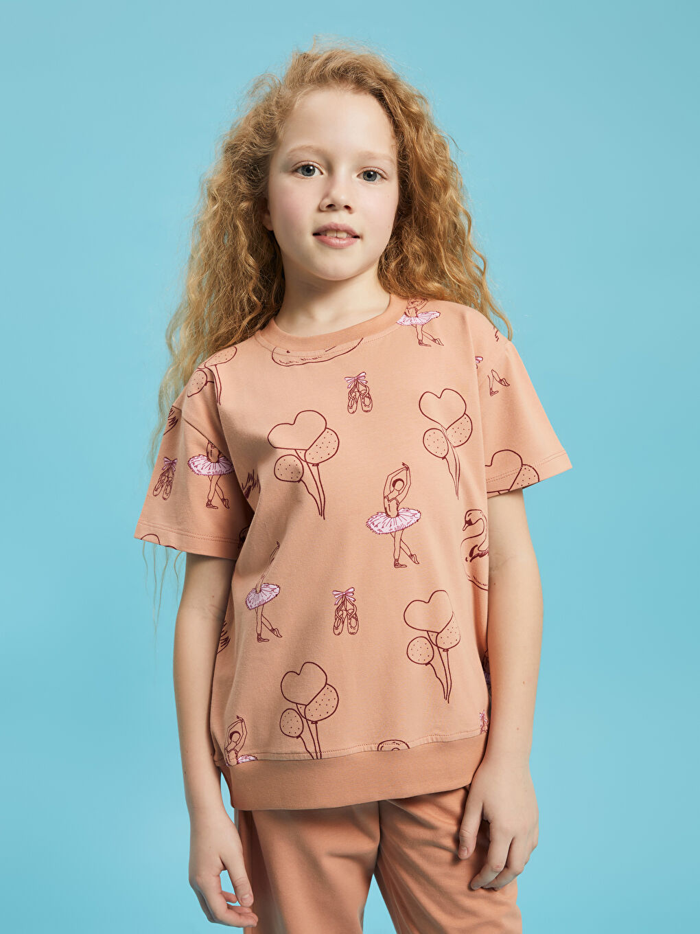 Mercan Bisiklet Yaka Baskılı Kısa Kollu Kız Çocuk Pijama Takımı-1