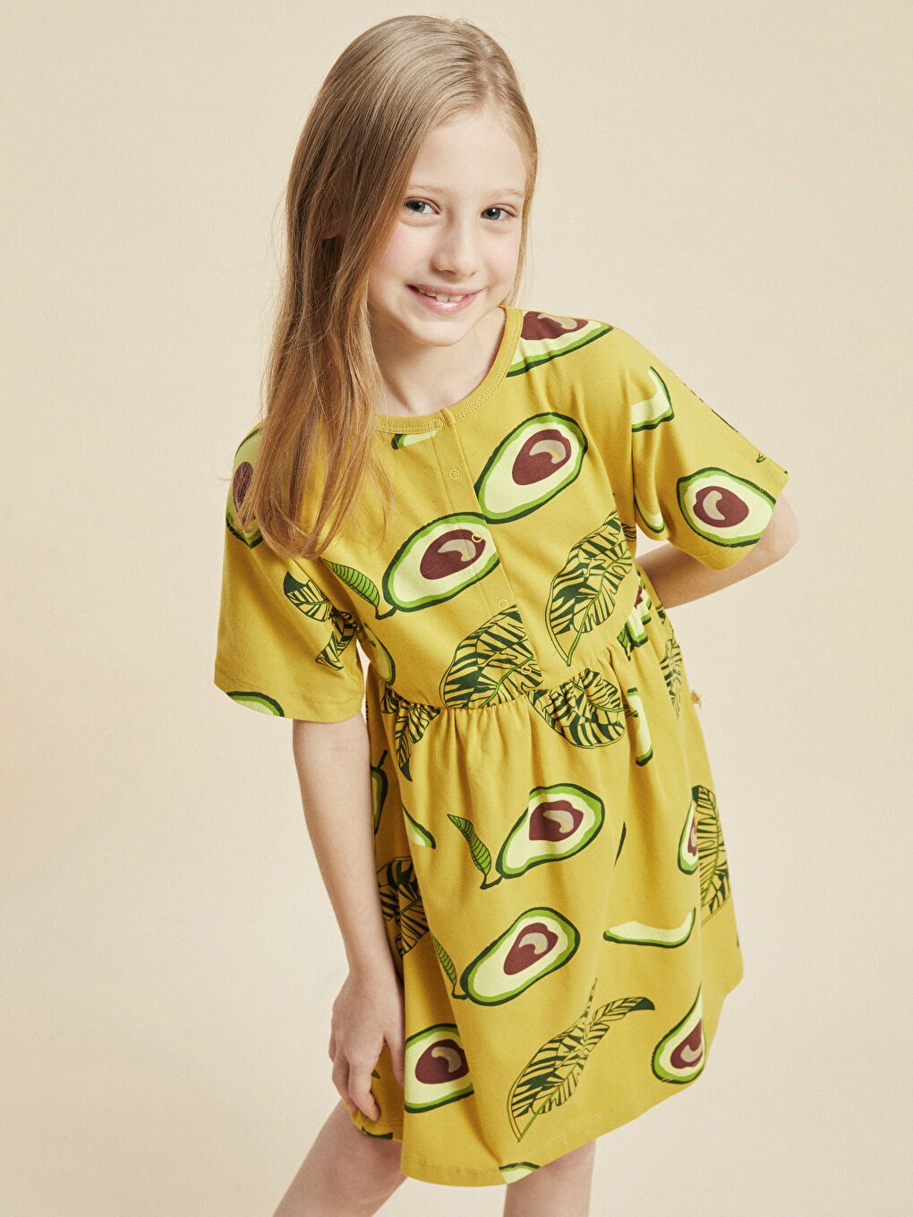 Kahverengi Bisiklet Yaka Desenli Kısa Kollu Kız Çocuk Elbise