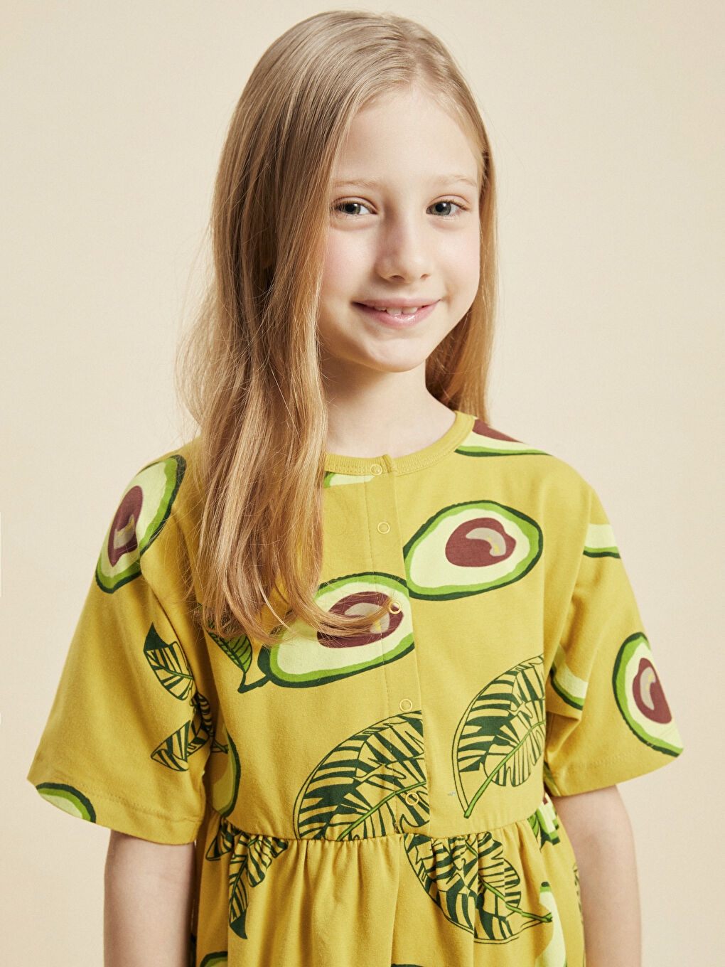 Kahverengi Bisiklet Yaka Desenli Kısa Kollu Kız Çocuk Elbise-1